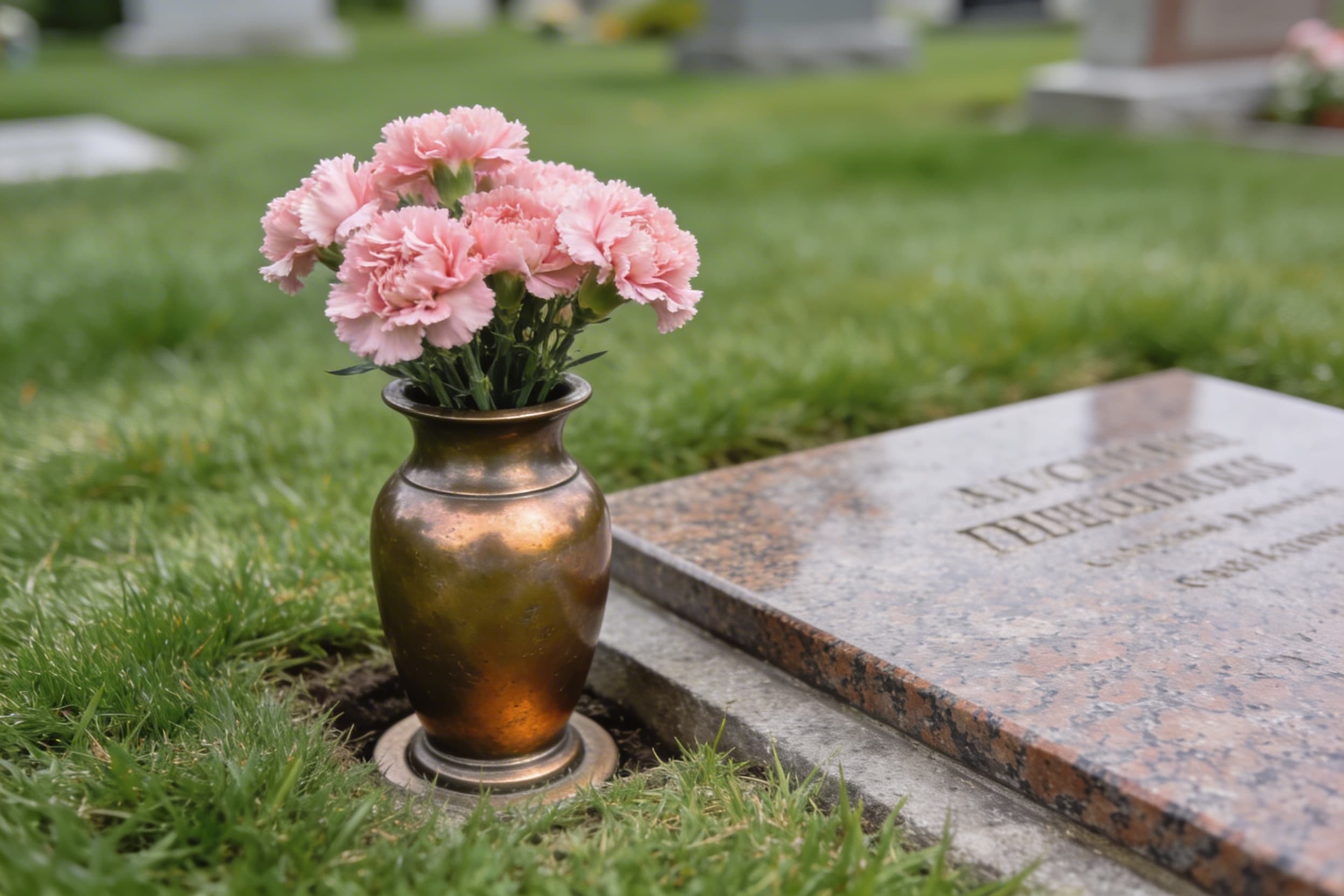 A bronze in-ground cemetery vase sitting flush with the grass surface beside a flat grave marker with a small bouquet of pink carnations