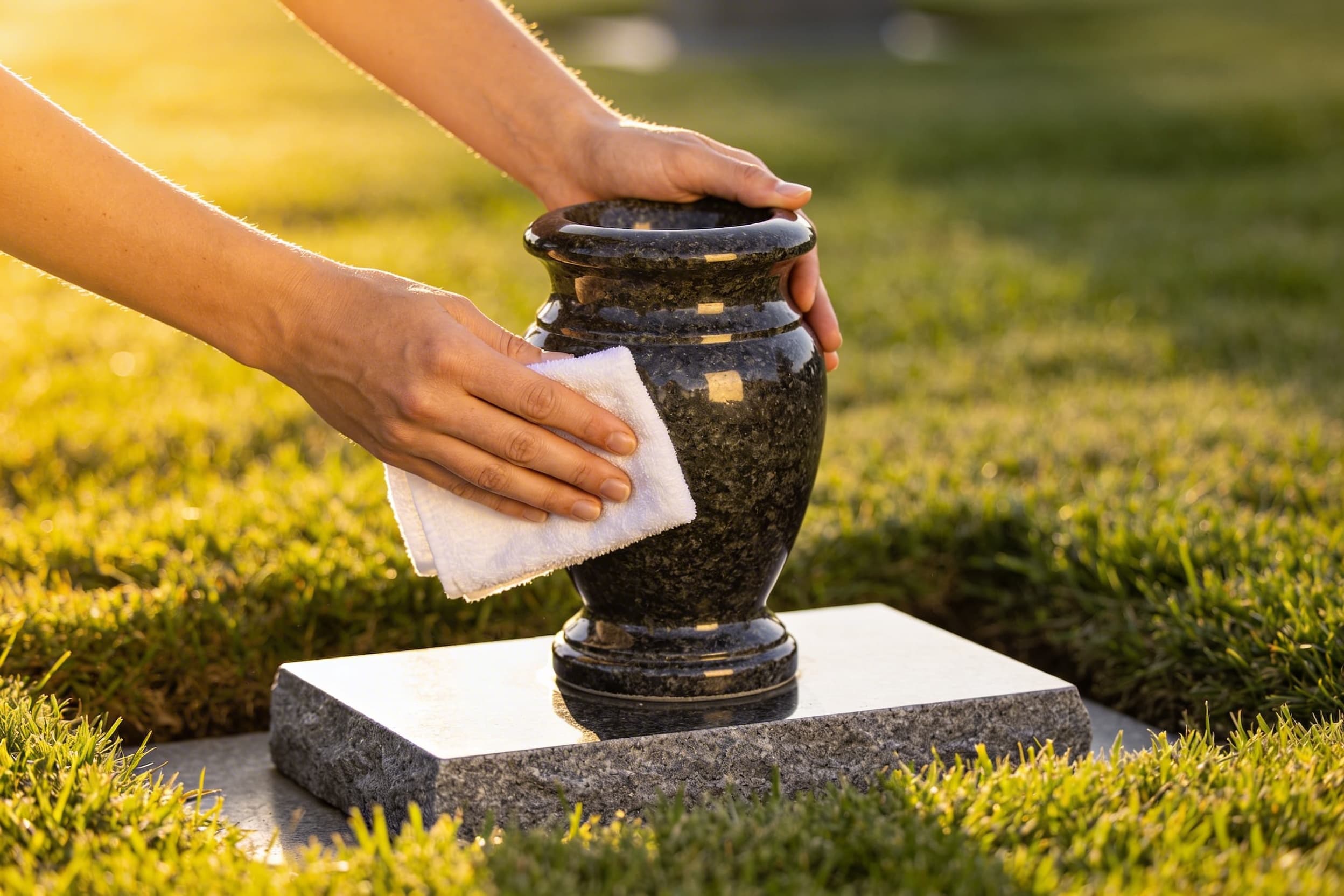 A pair of hands gently wiping a polished granite cemetery vase with a soft cloth beside a headstone surrounded by trimmed grass