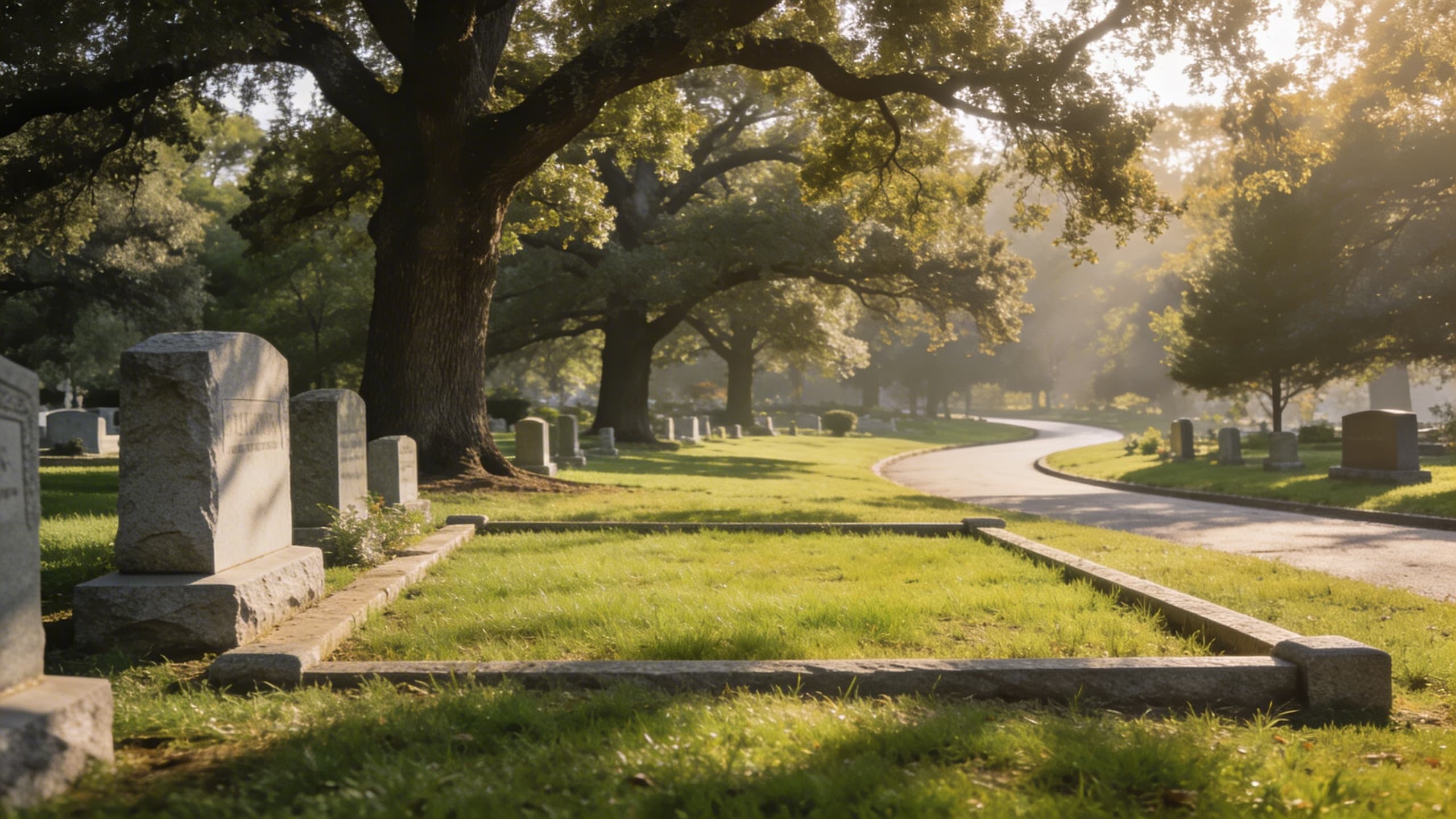 An unused cemetery plot with an open grassy space next to existing headstones on a quiet, tree-lined cemetery path