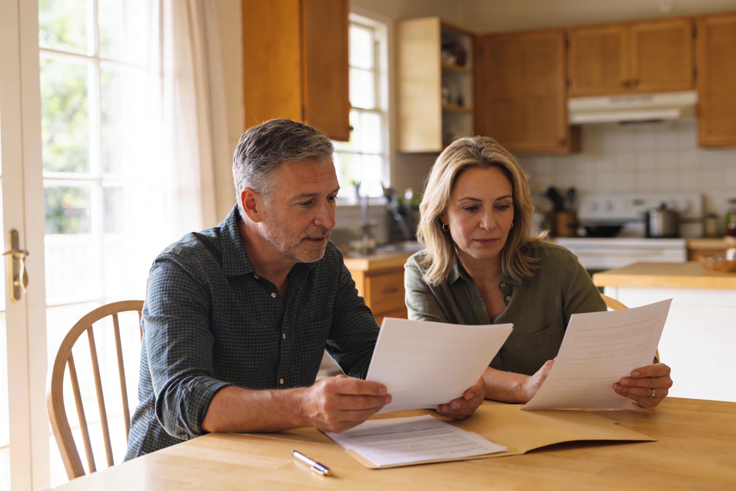 A couple sitting at a kitchen table reviewing cemetery plot deed documents and transfer forms together