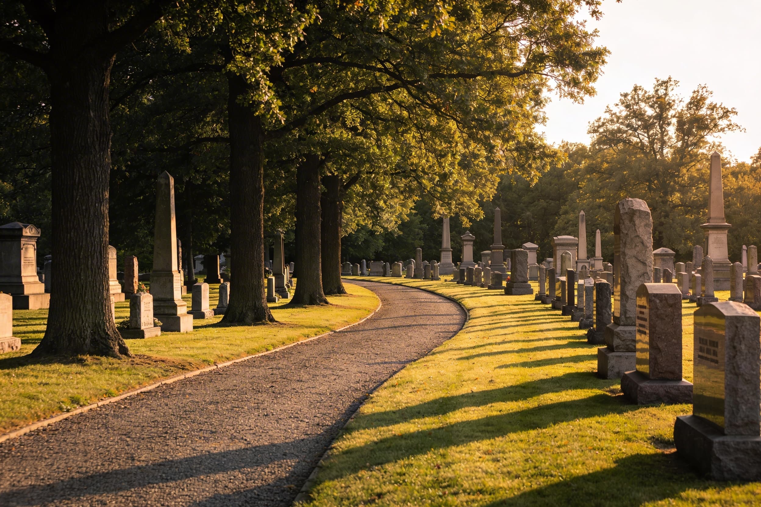 A peaceful cemetery pathway lined with mature trees and granite monuments under soft afternoon light