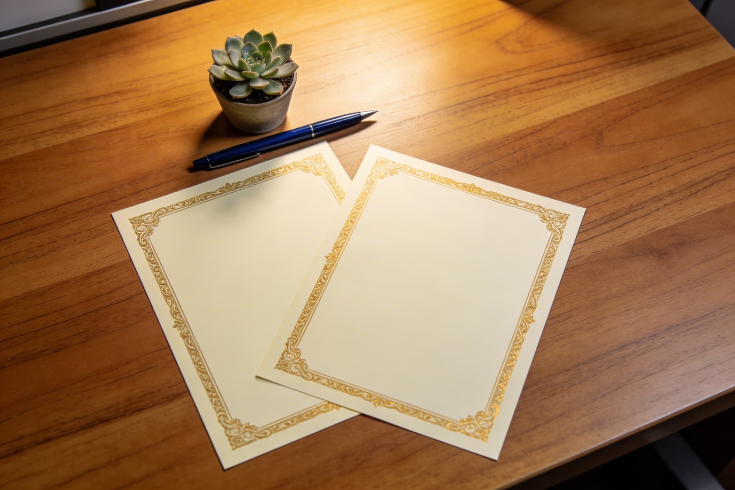 A cemetery office desk with a certificate of interment rights, a transfer form, and a pen on a wooden surface