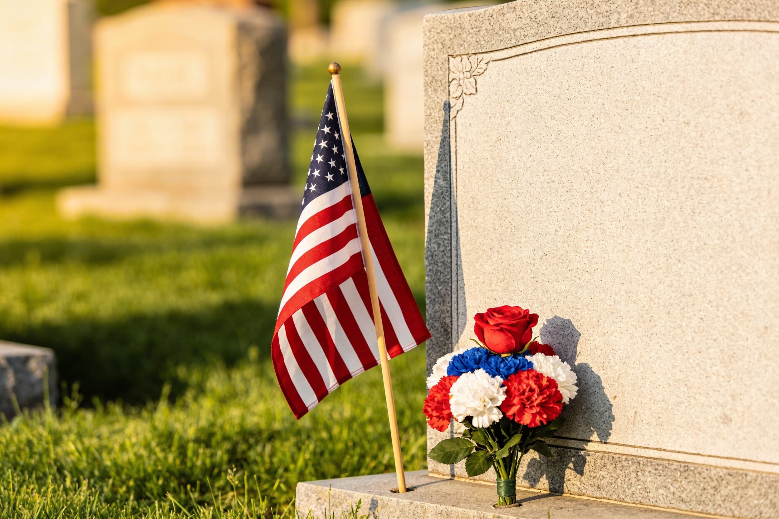 A small American flag and red white and blue flower arrangement placed at the base of a granite headstone on Memorial Day