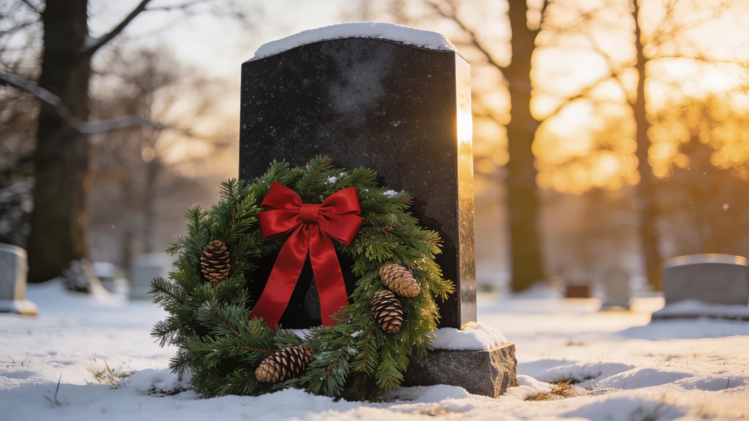 A fresh evergreen wreath with a red bow and pinecones resting against a snow-dusted granite headstone in winter