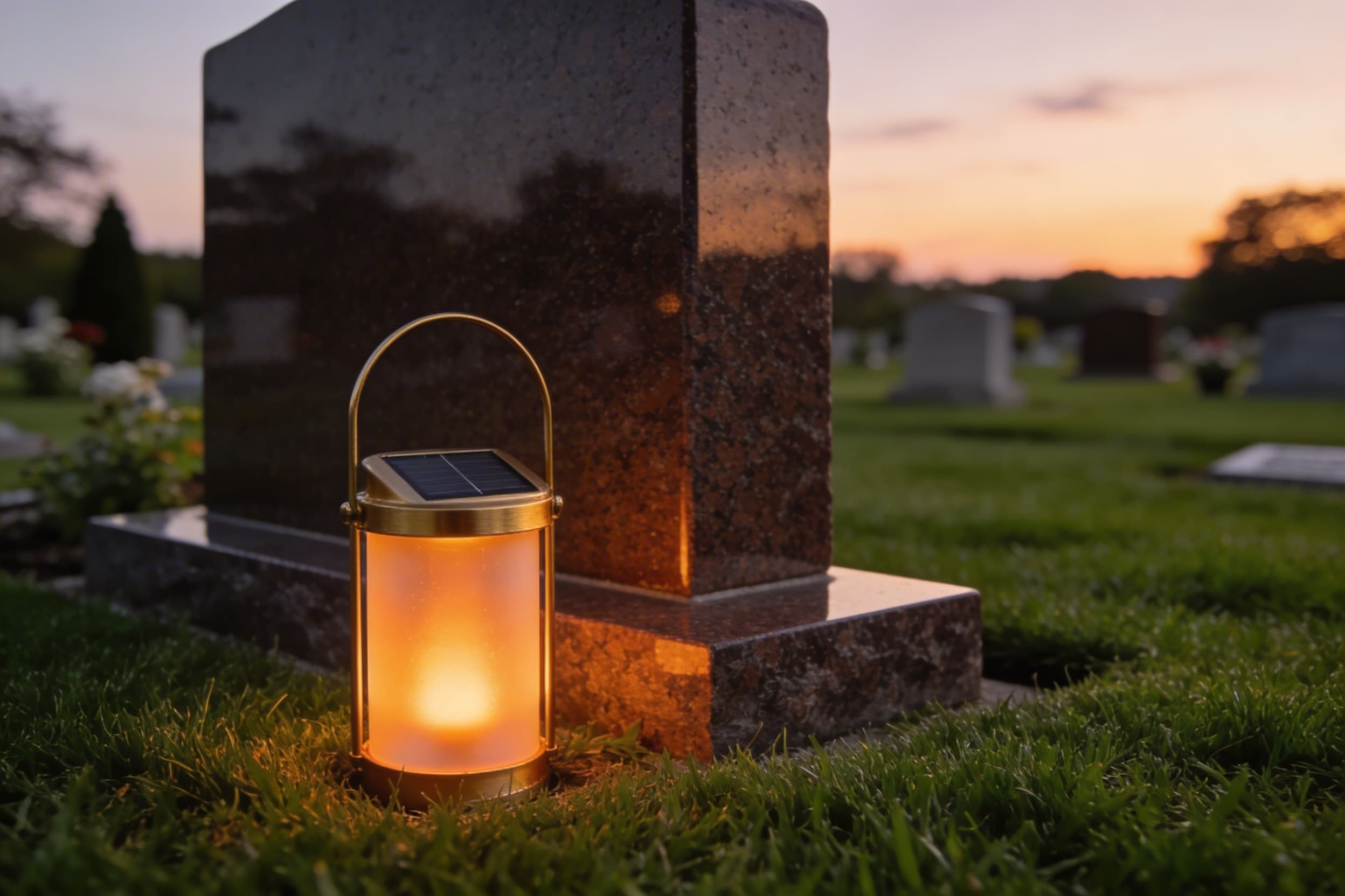 A warm-glowing solar lantern light sitting beside a polished granite headstone in a well-maintained cemetery at twilight