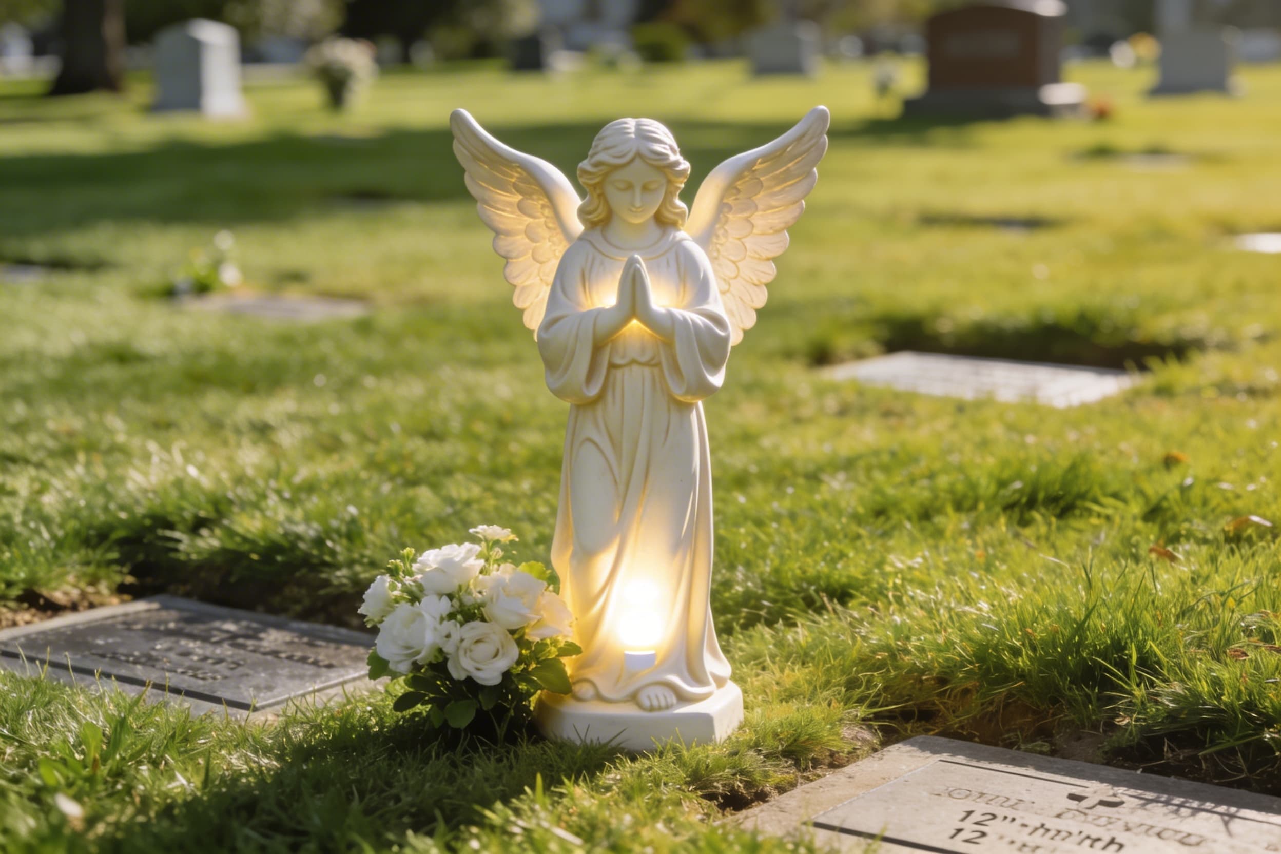 A resin angel figurine with a built-in solar LED light placed on a green grassy grave plot beside fresh flowers on a sunny afternoon