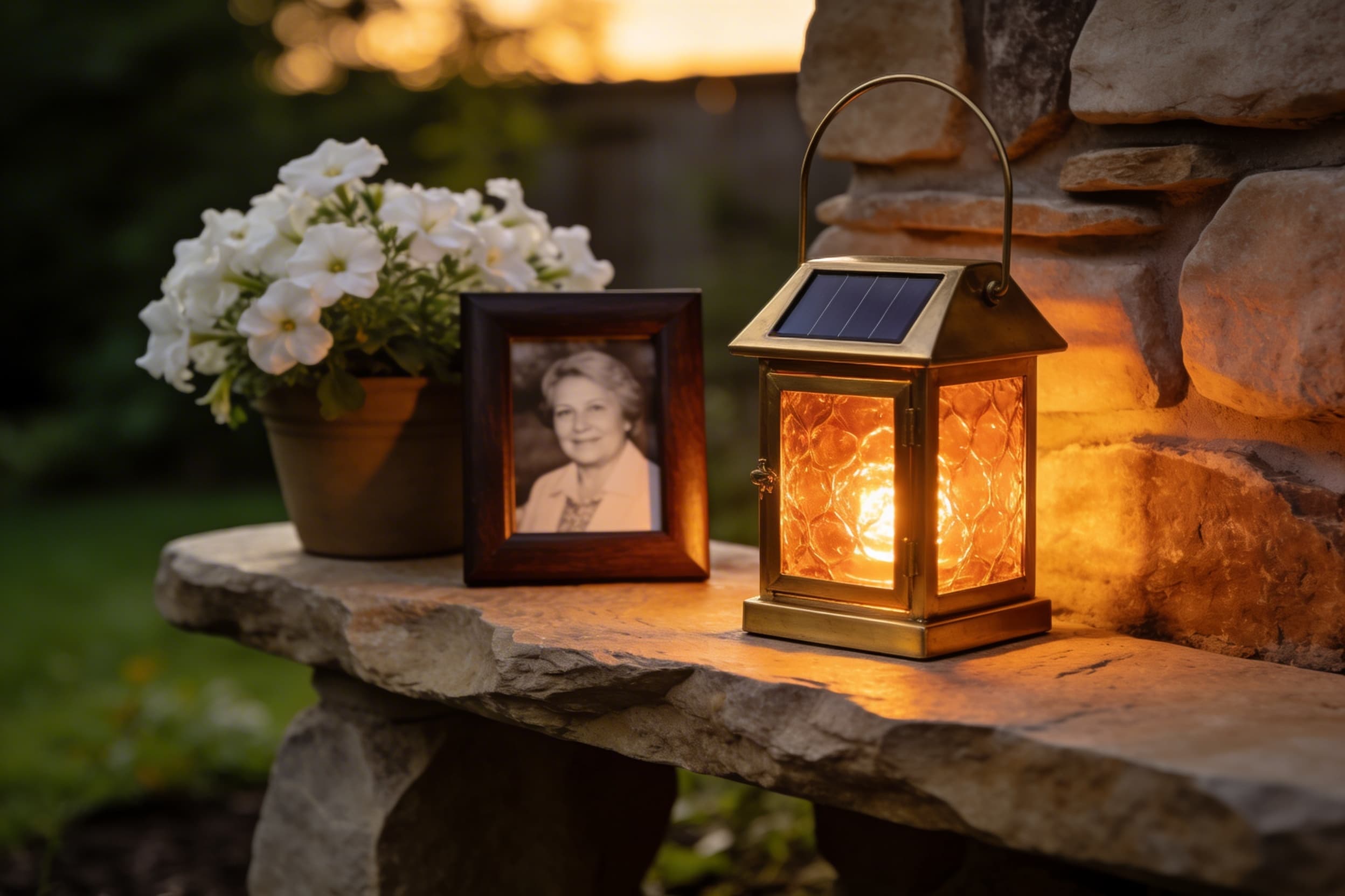 A small solar memorial lantern glowing warmly on a stone garden shelf beside a framed photograph and potted flowers at dusk