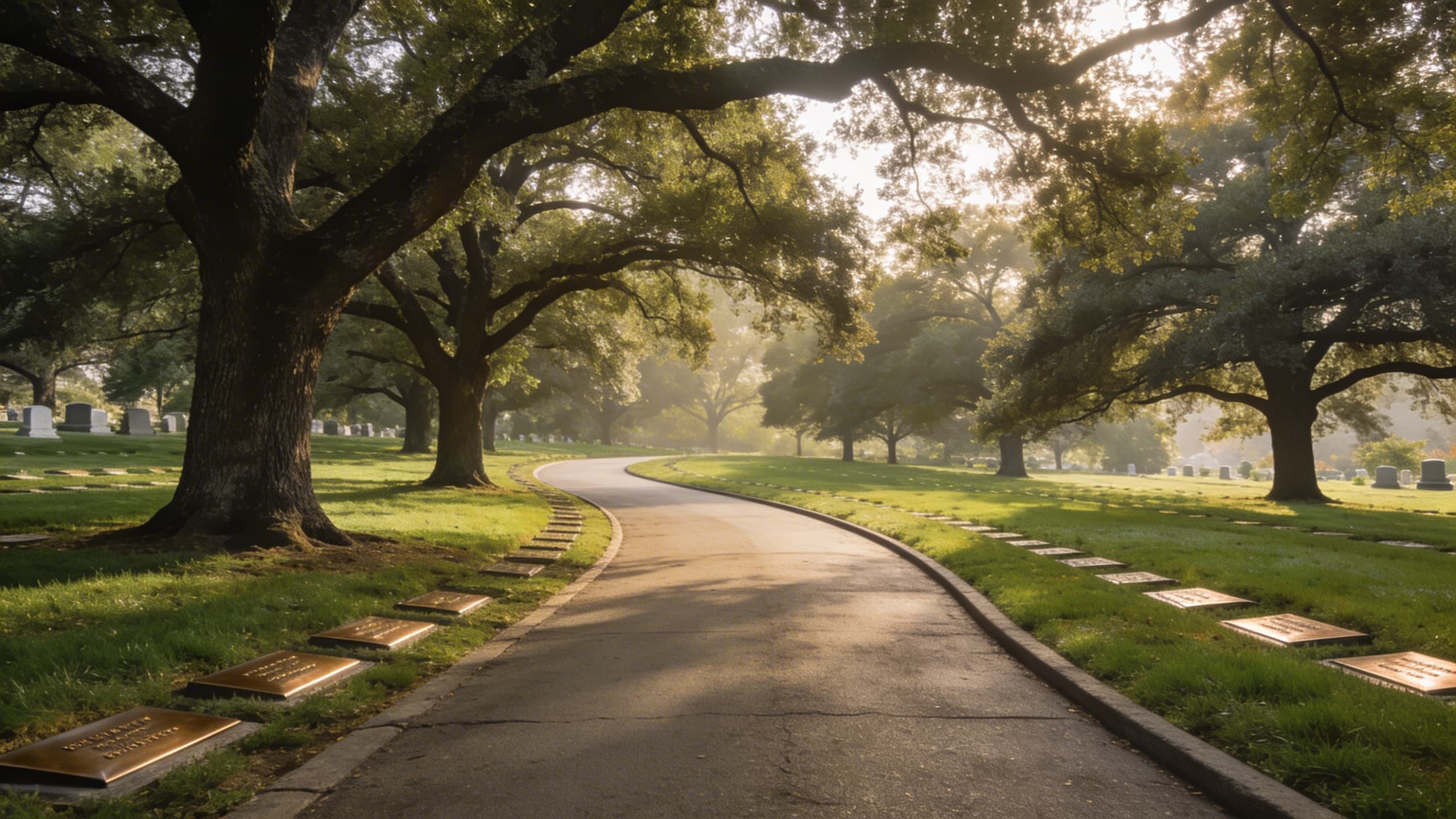 A peaceful tree-lined pathway through a well-maintained public cemetery with flush markers on manicured green lawns