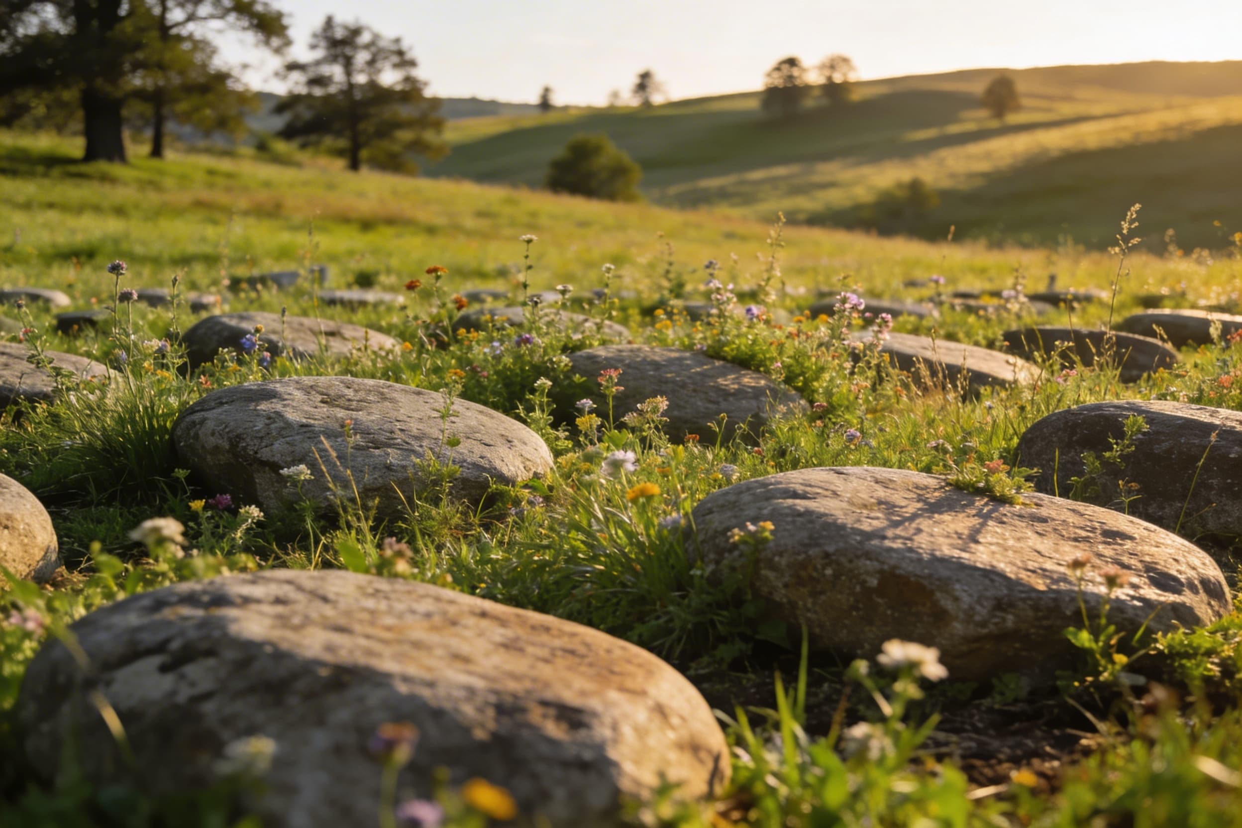 A natural green burial cemetery with wildflowers and native grasses growing over simple fieldstone grave markers