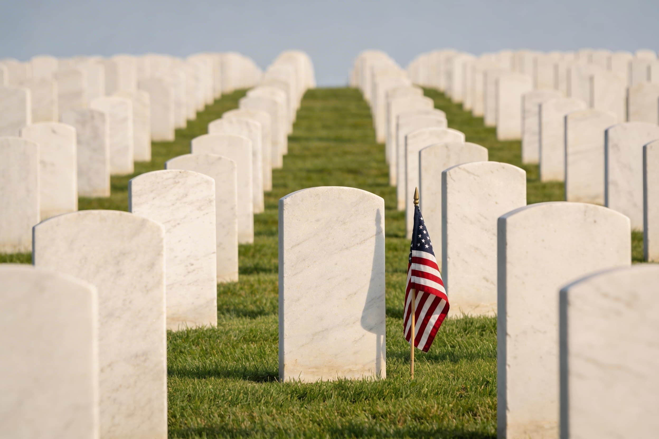 Rows of uniform white headstones in a national veterans cemetery with an American flag visible in the background