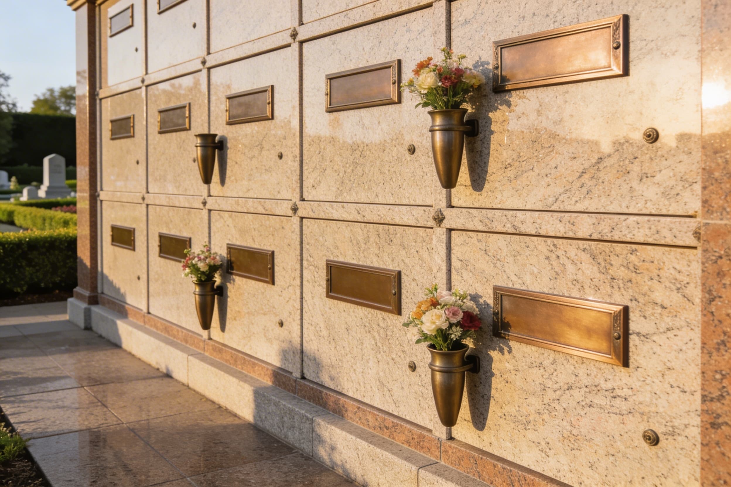 A granite columbarium wall with individual cremation niches adorned with small flower arrangements and engraved plaques
