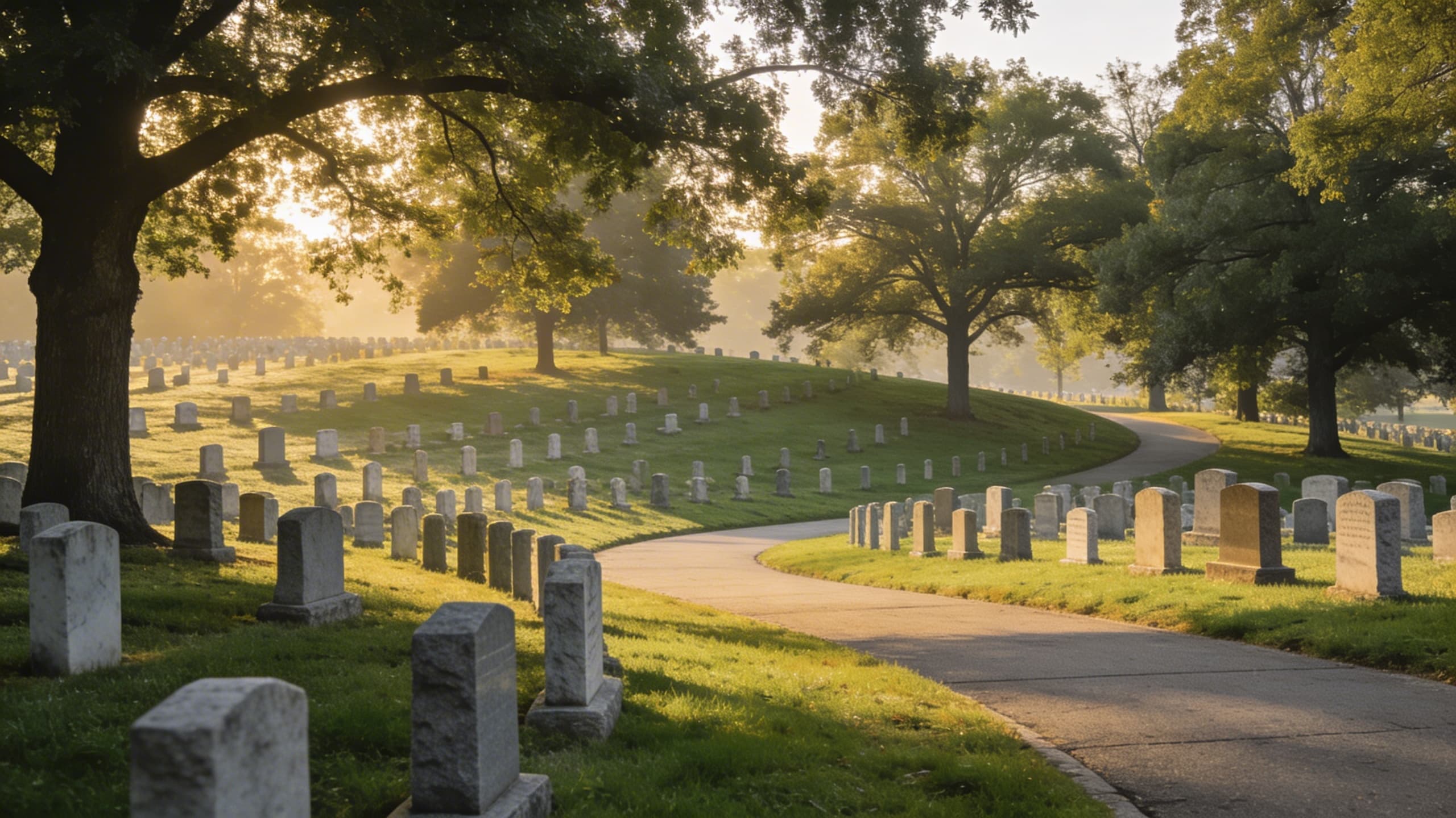 A wide view of a peaceful cemetery landscape showing rows of headstones among mature trees and winding pathways on a clear morning