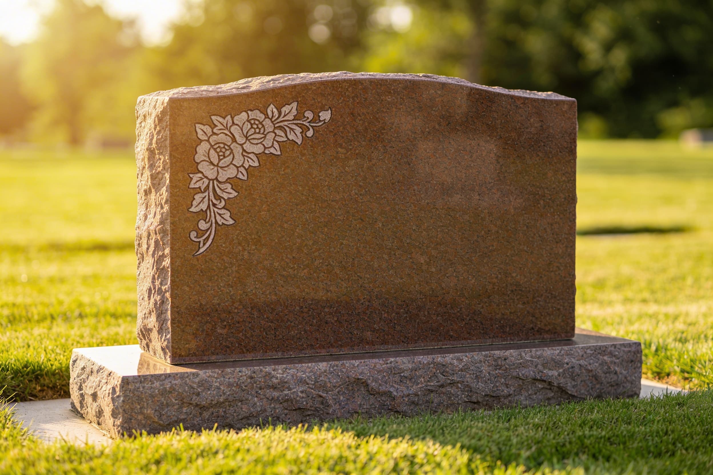 A polished upright granite headstone with engraved floral designs set on a grassy cemetery plot under soft morning light