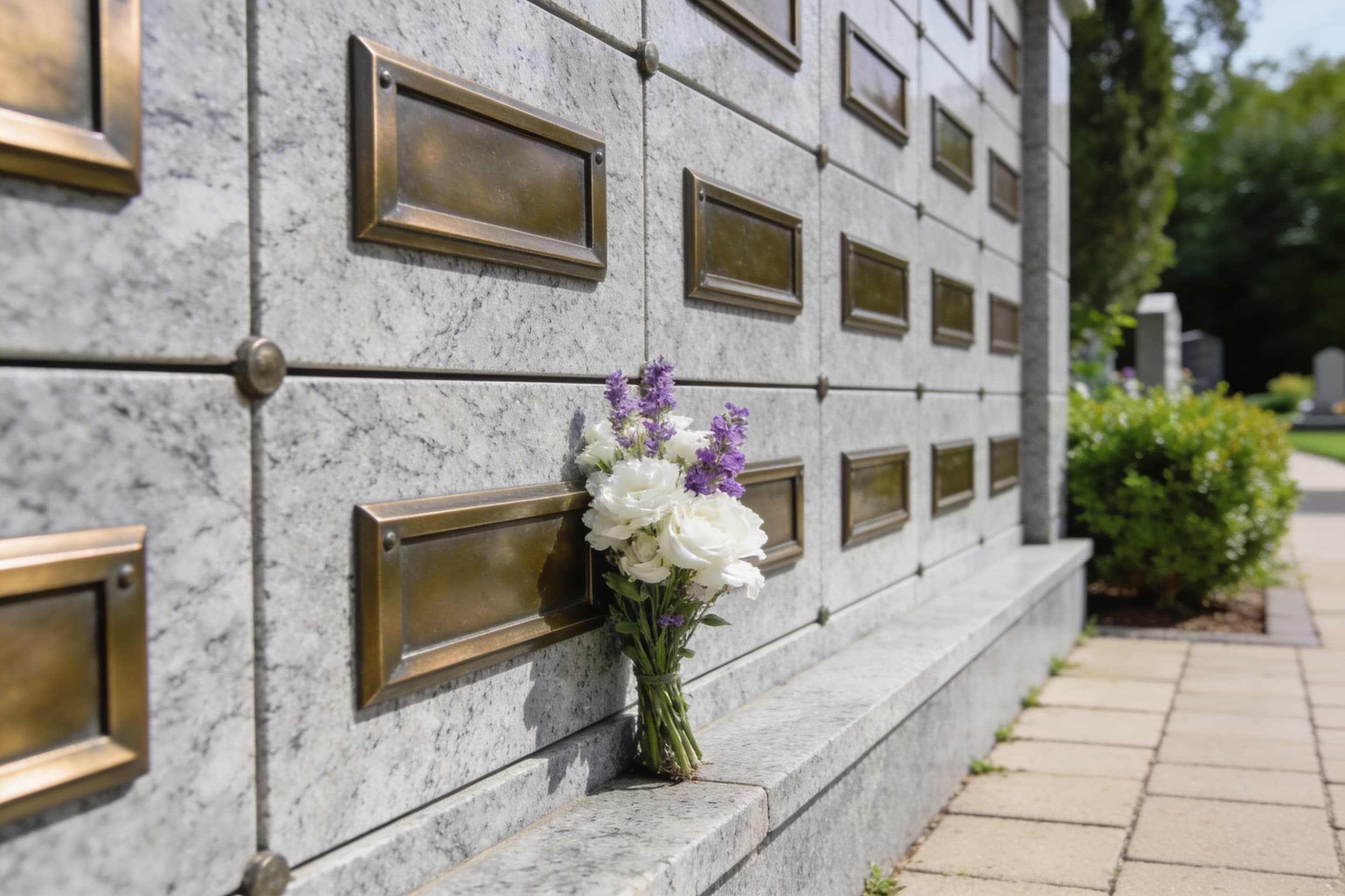 A columbarium wall in a cemetery garden showing rows of bronze niche plaques with a small bouquet of flowers placed at the base