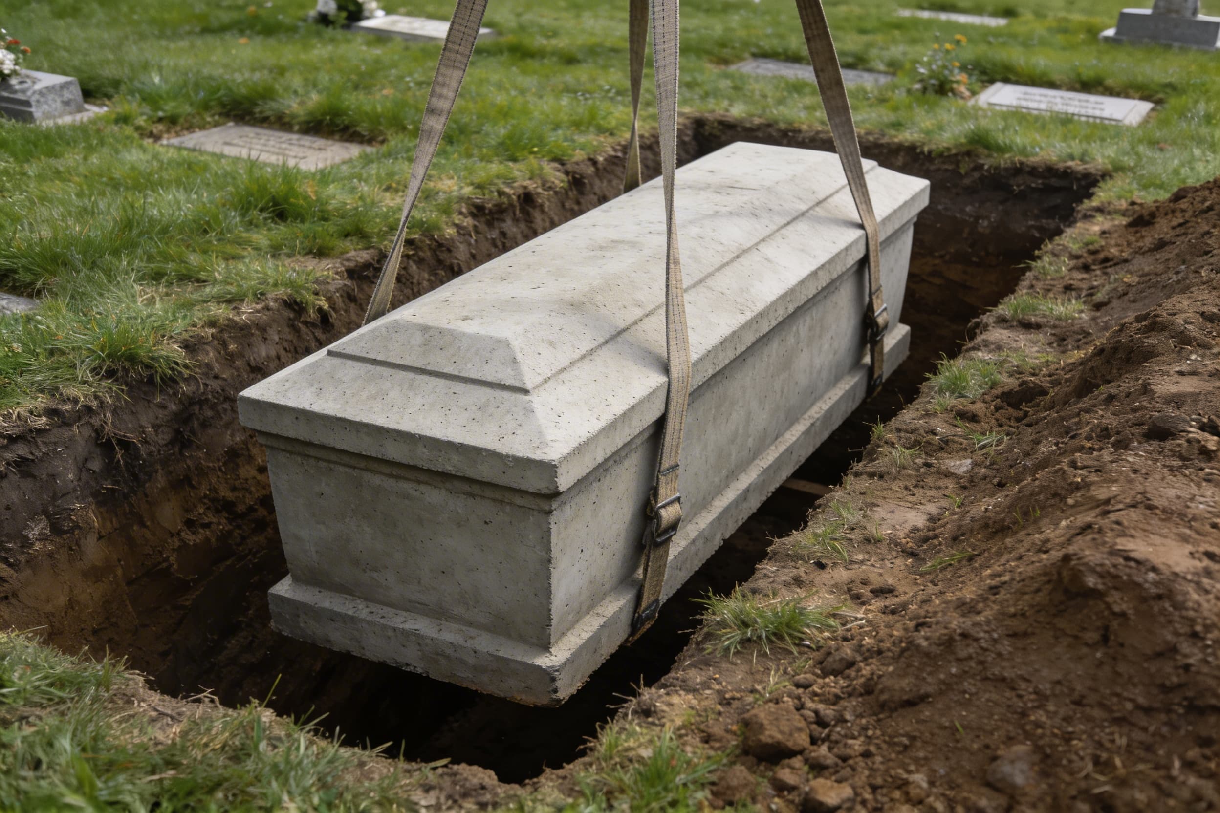 A concrete burial vault being lowered into an open grave at a green cemetery with neatly maintained grass and trees in the background