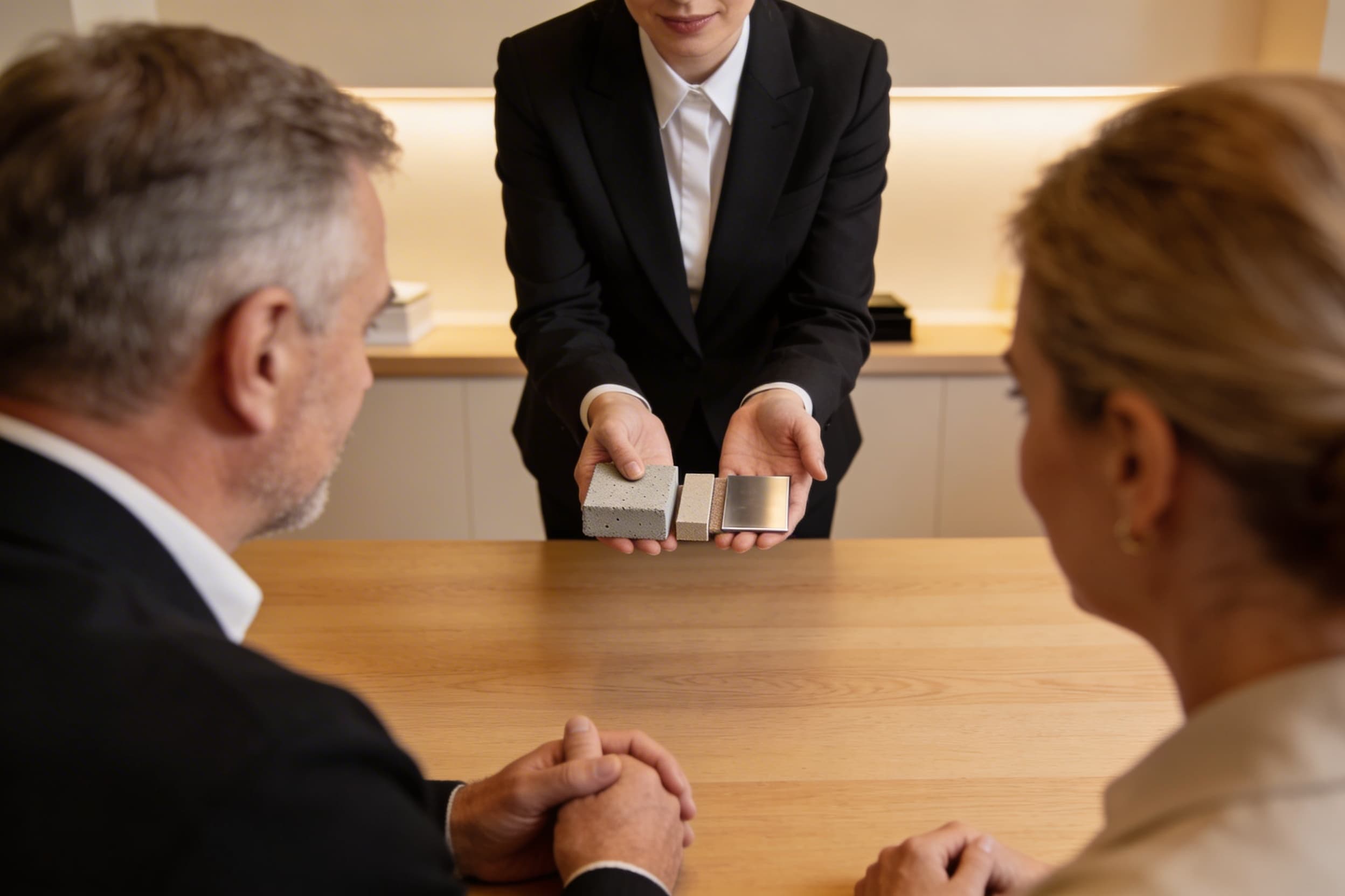 A funeral director showing vault material samples to a family in a calm, well-lit arrangement room