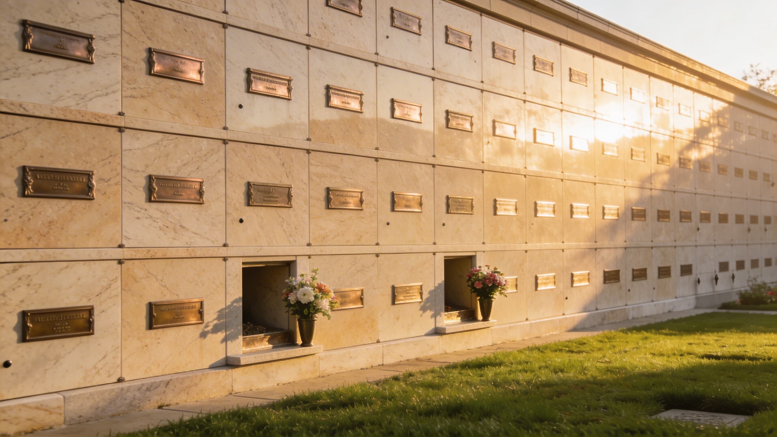 A sunlit columbarium wall in a peaceful cemetery setting with bronze niche plaques and small flower arrangements at several niches