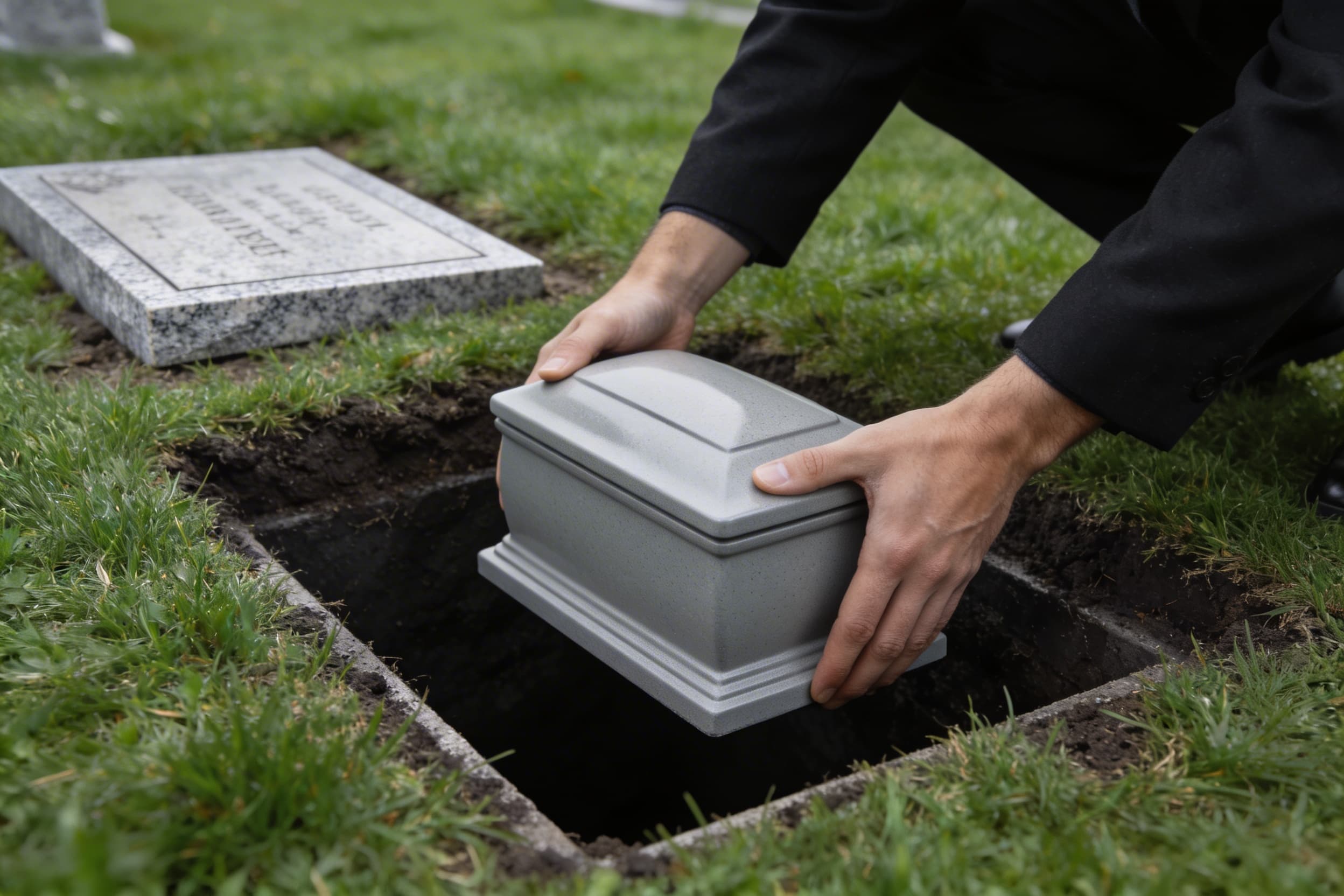 A protective urn vault being gently lowered into a small cemetery plot with green grass surrounding the opening