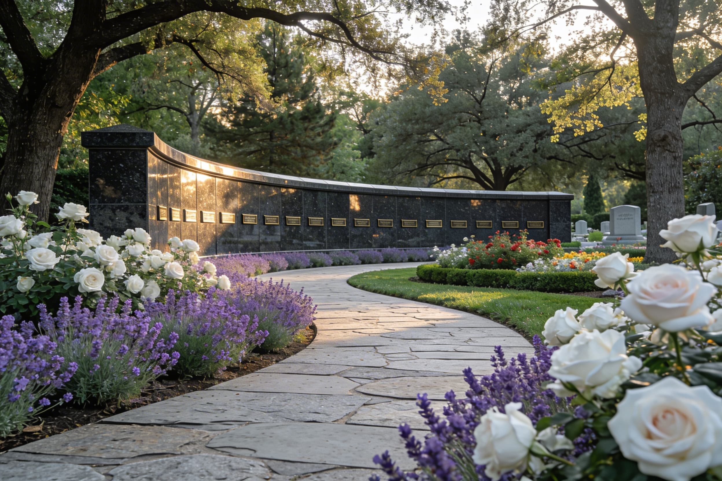 A serene cemetery scattering garden with a curved memorial wall bearing inscribed names surrounded by manicured flowers and a stone pathway