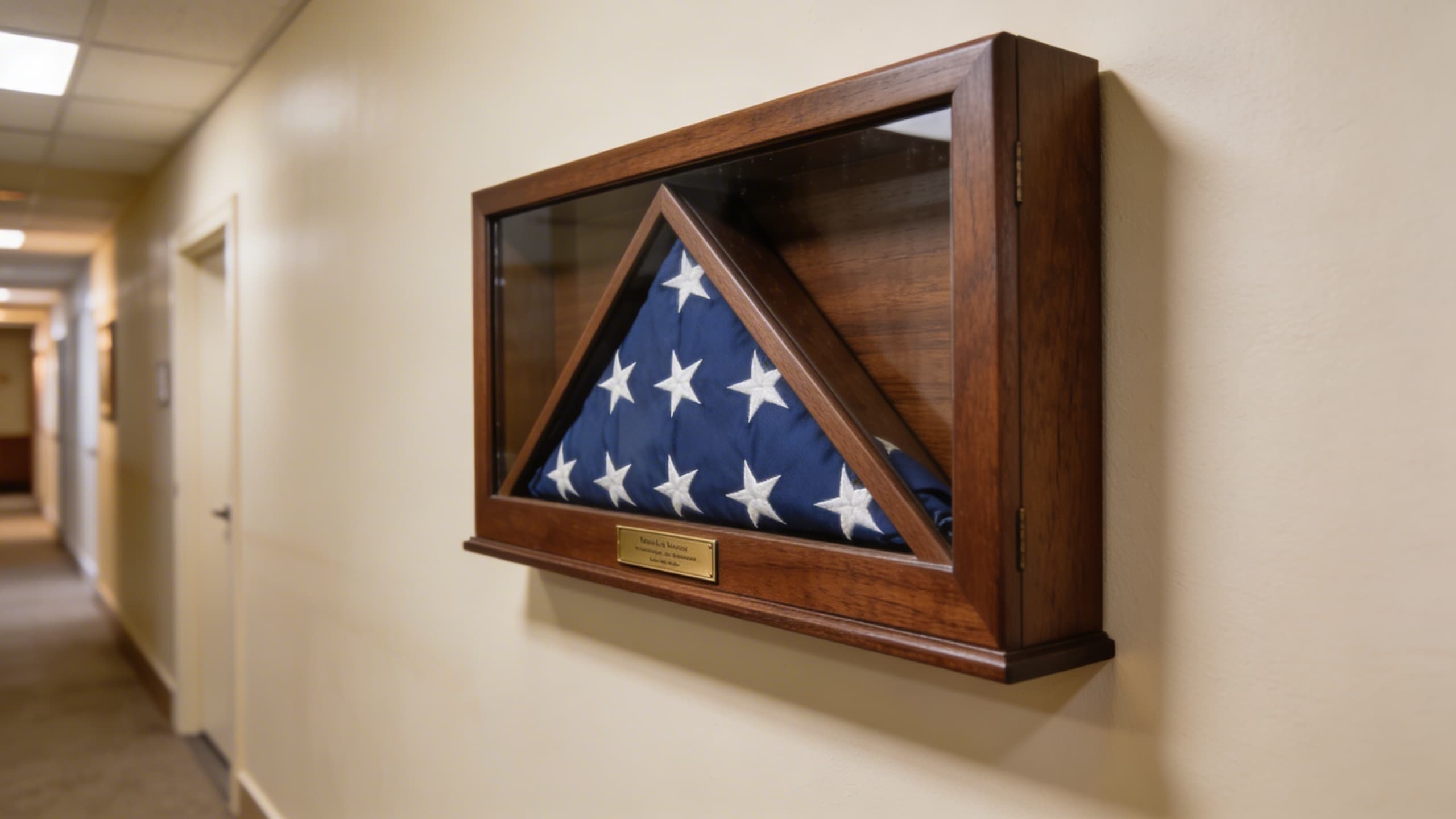 A walnut flag display case wall-mounted in a hallway with a brass nameplate engraved with a veteran's name and service dates