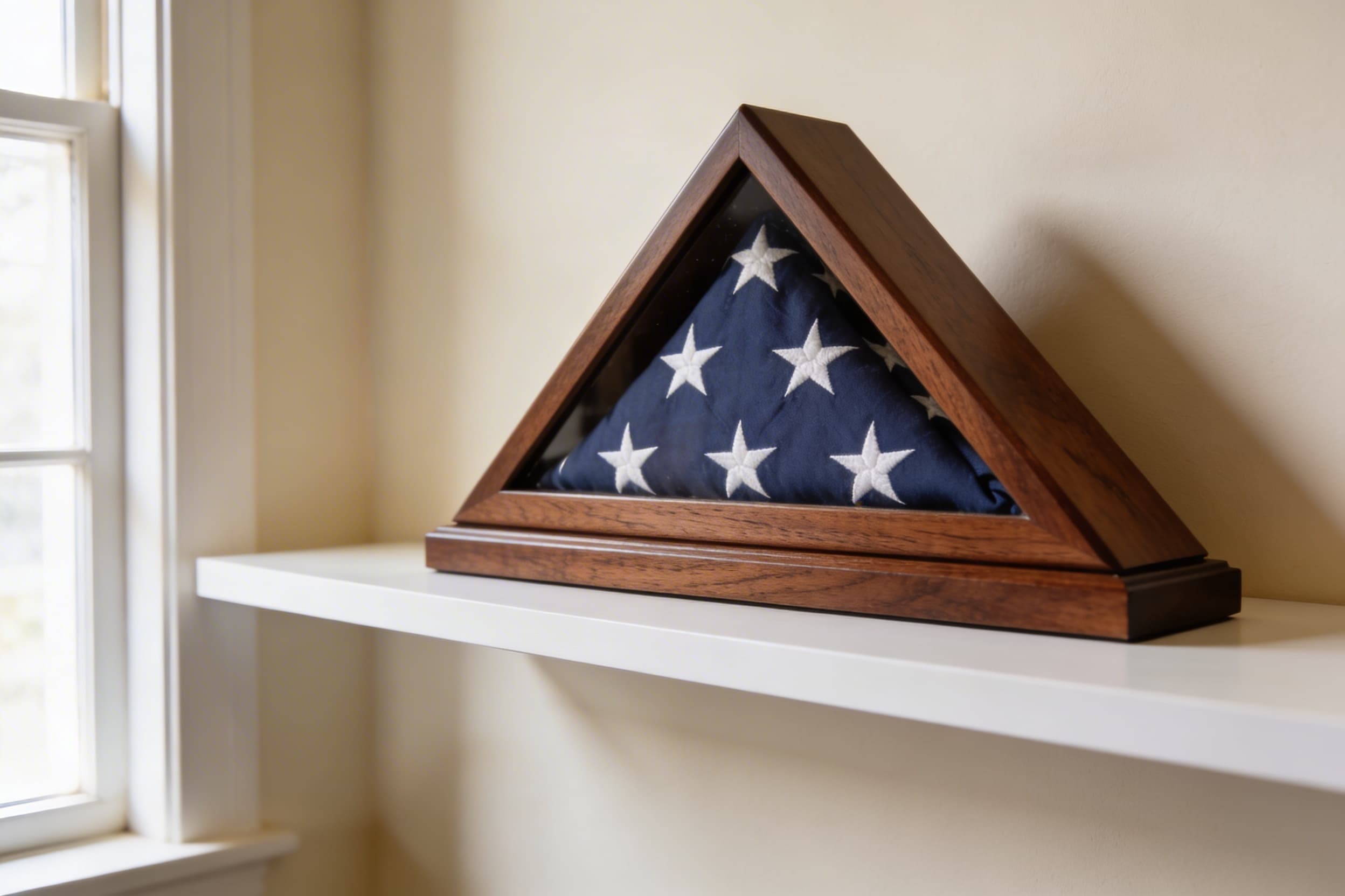 A folded American flag displayed in a walnut flag display case on a clean shelf with soft natural lighting