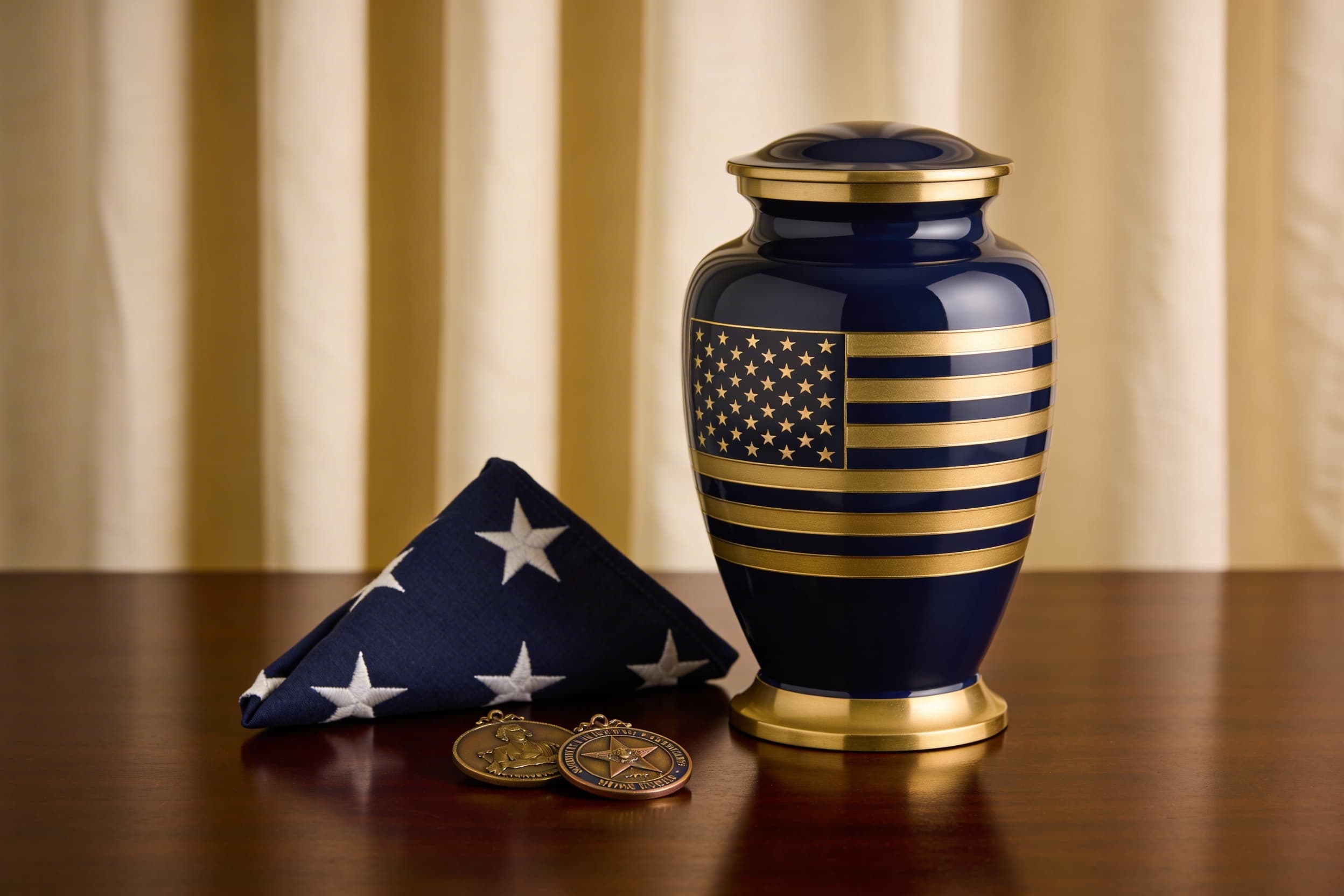 A military-themed cremation urn displayed alongside a folded American flag and service medals on a dark wood surface