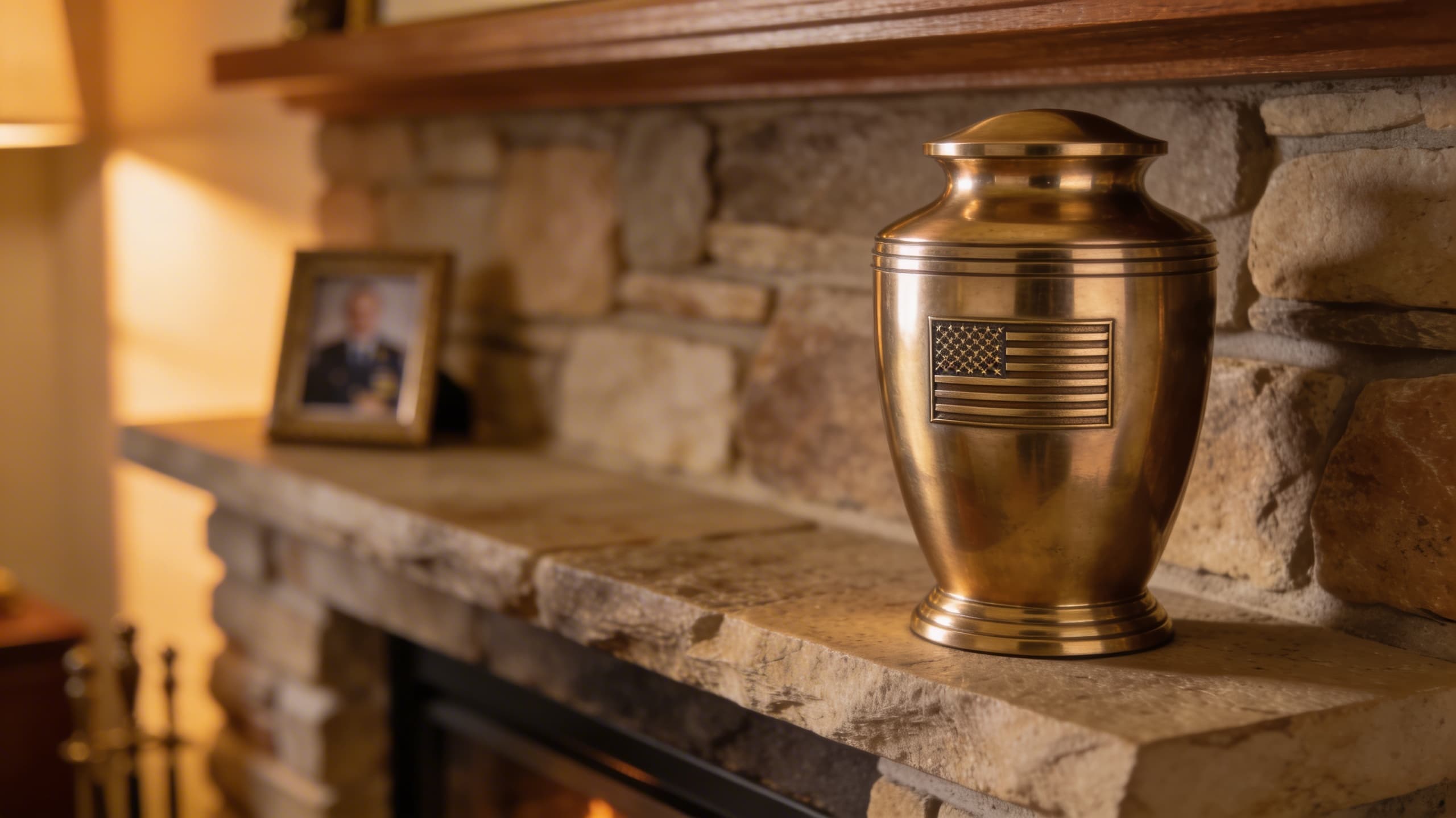 A polished brass military cremation urn with an engraved American flag emblem displayed on a fireplace mantel with soft warm lighting