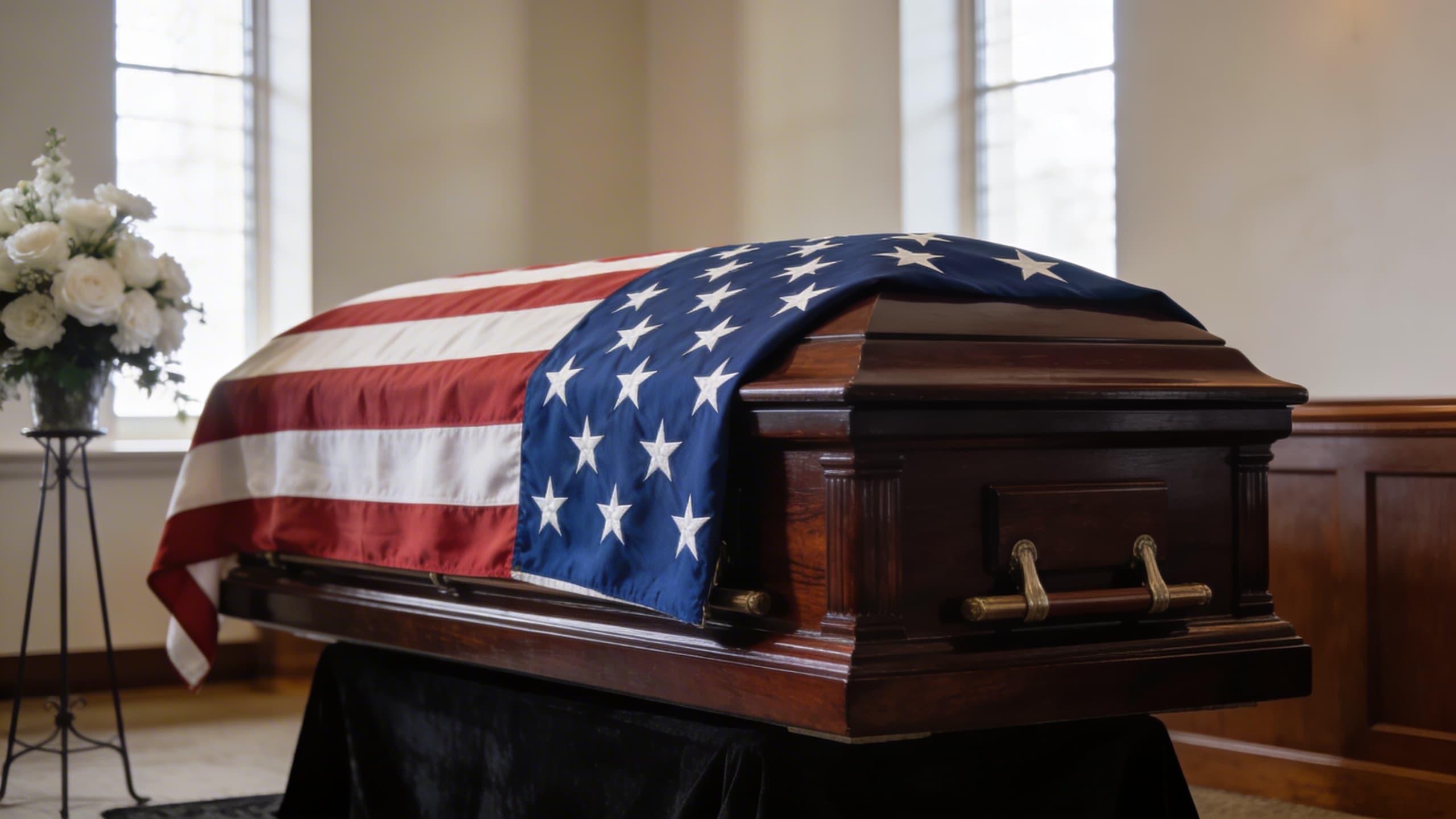 An American flag draped over a closed military casket during a funeral ceremony with honor guard members standing at attention