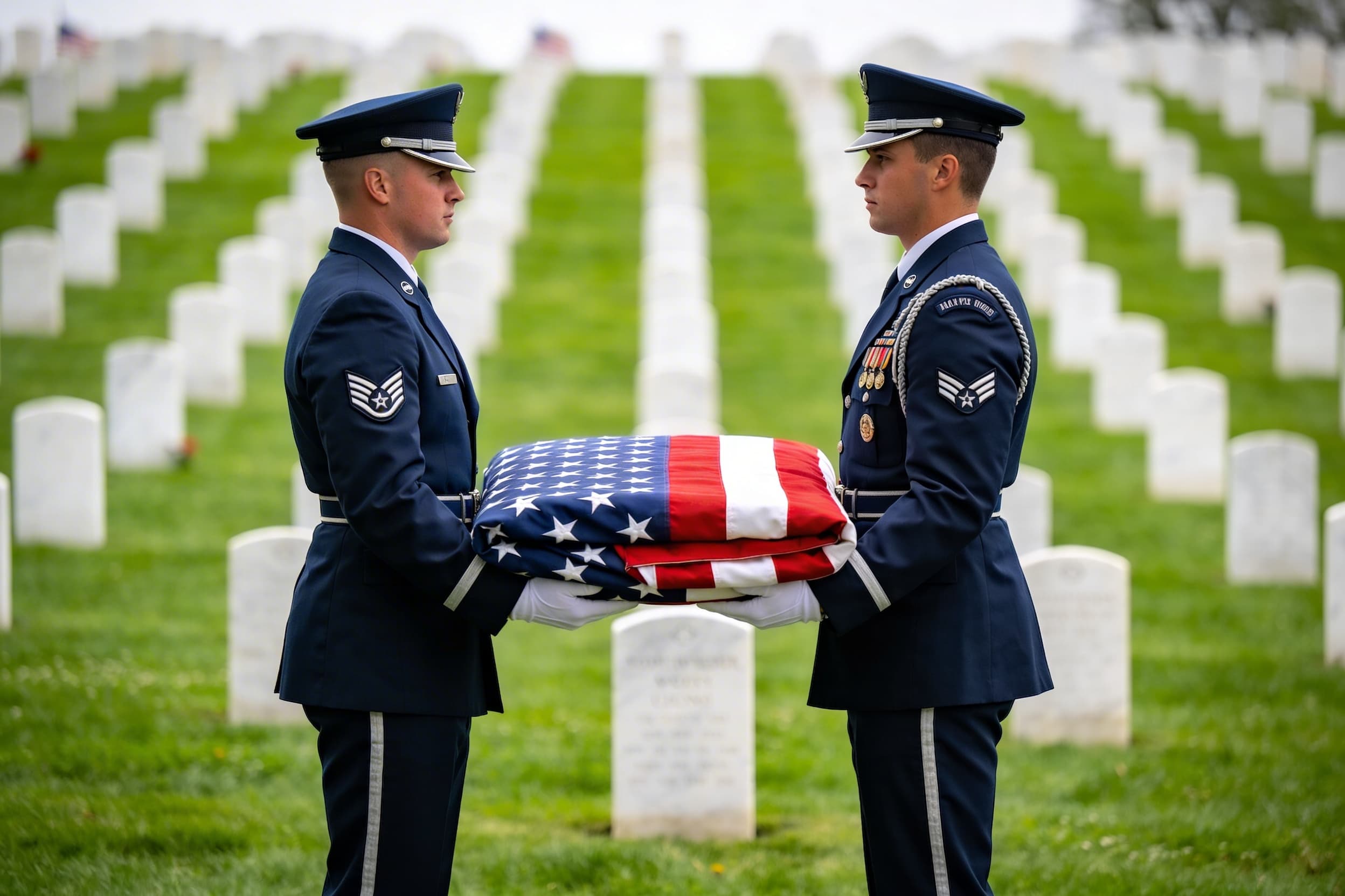 Military honor guard members holding a flag taut and folding it into a triangle over a grave during a committal ceremony