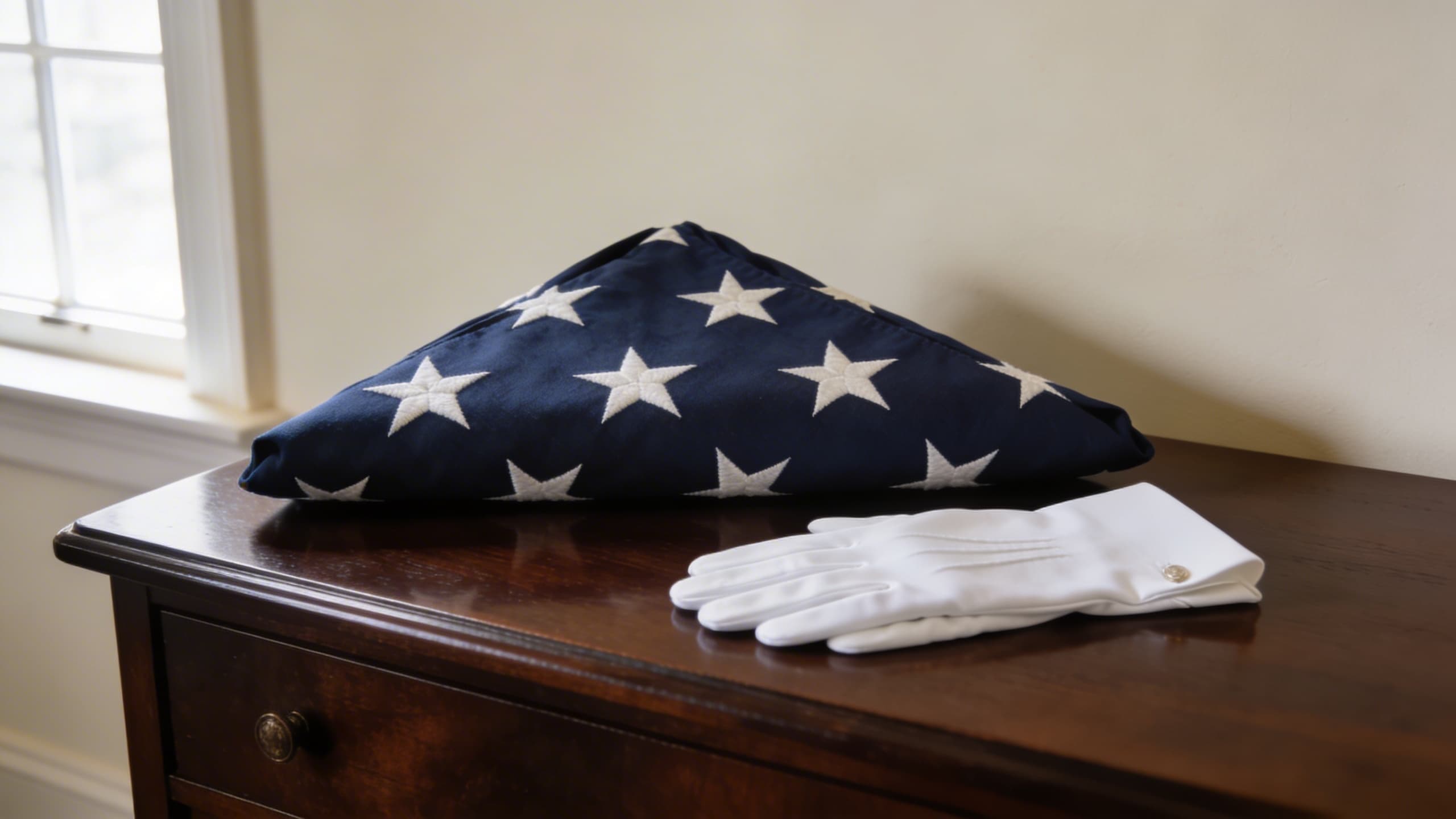 A ceremonially folded American flag resting on a polished dark wood surface beside white dress gloves in soft natural light