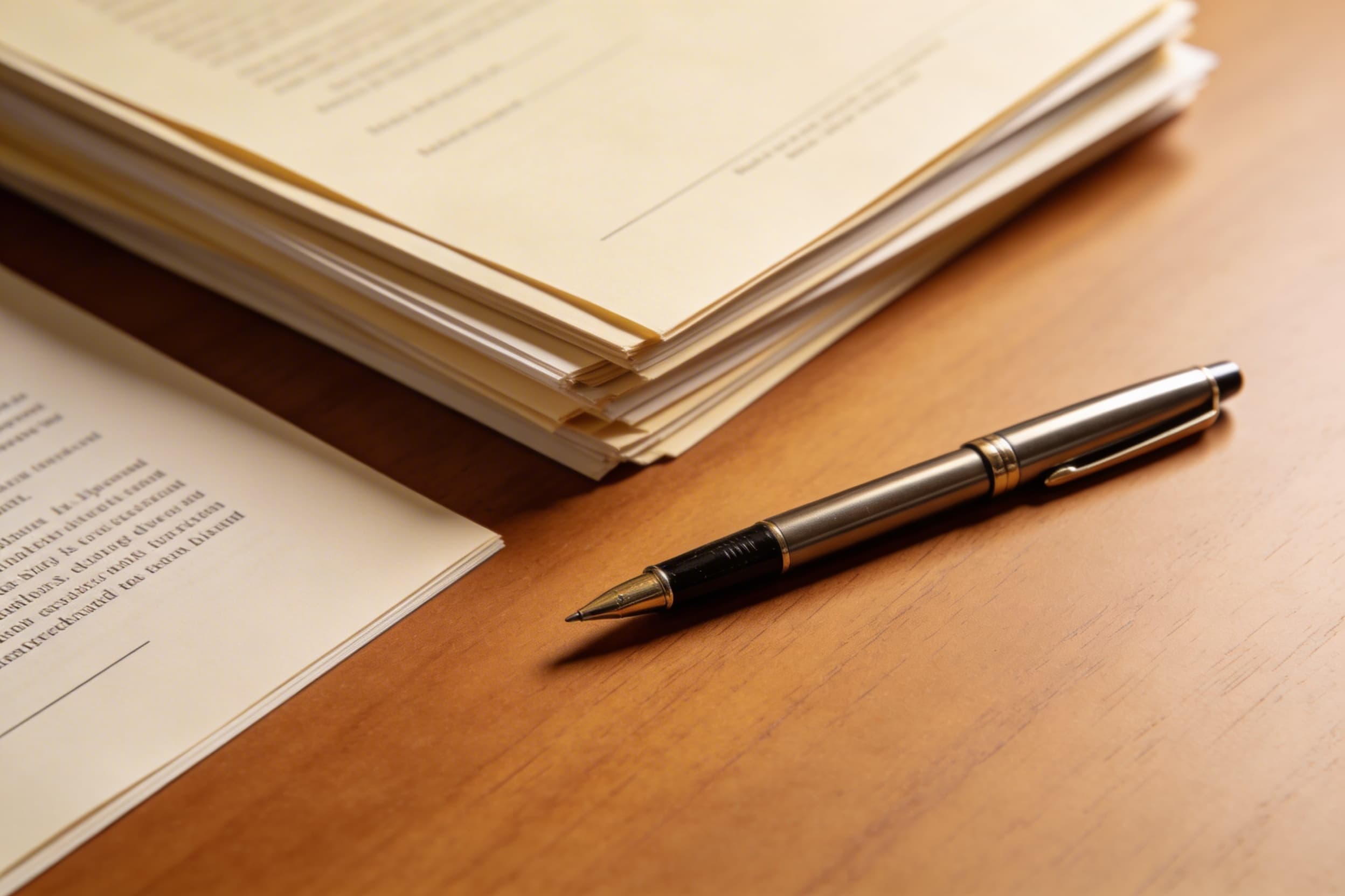 Official documents and a pen arranged on a wooden desk representing the paperwork needed for VA burial benefit applications