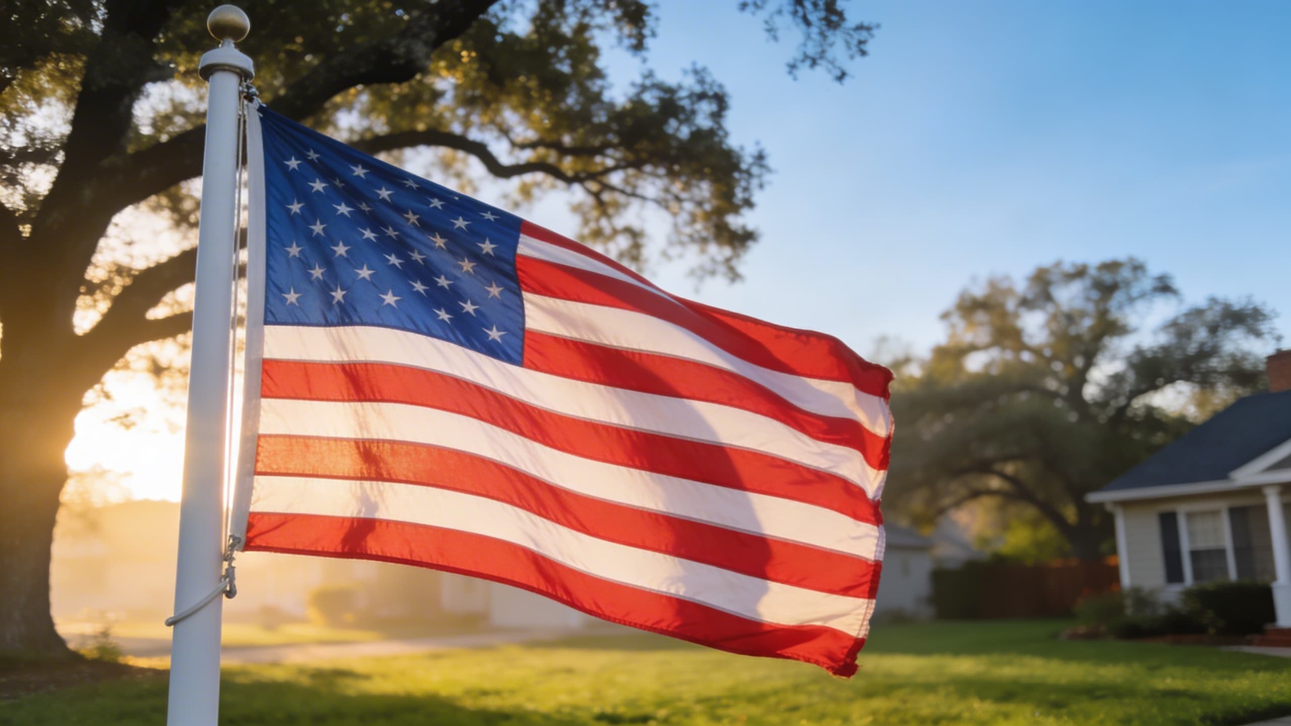 An American flag flying at half-staff on a residential flagpole during early morning golden hour on Memorial Day