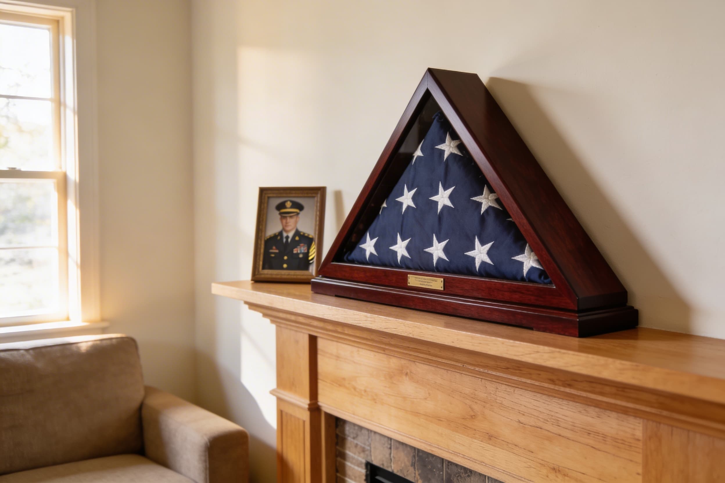 A folded American flag in a cherry wood display case on a mantel next to a small framed military portrait
