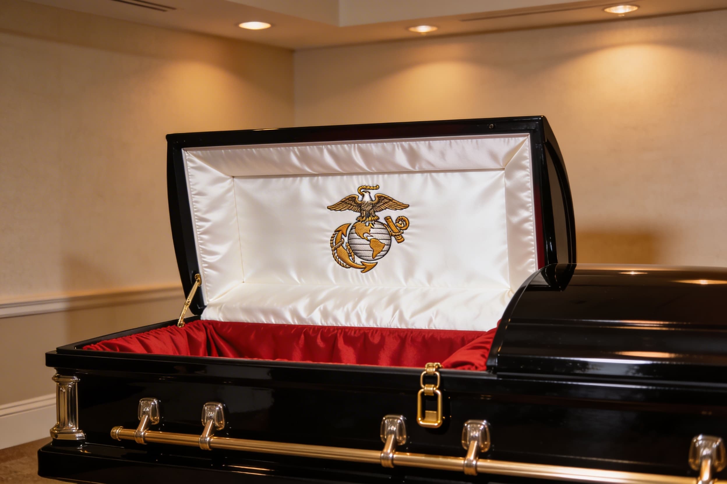 A polished black steel military casket with a Marine Corps Eagle Globe and Anchor emblem on the head panel and red interior lining