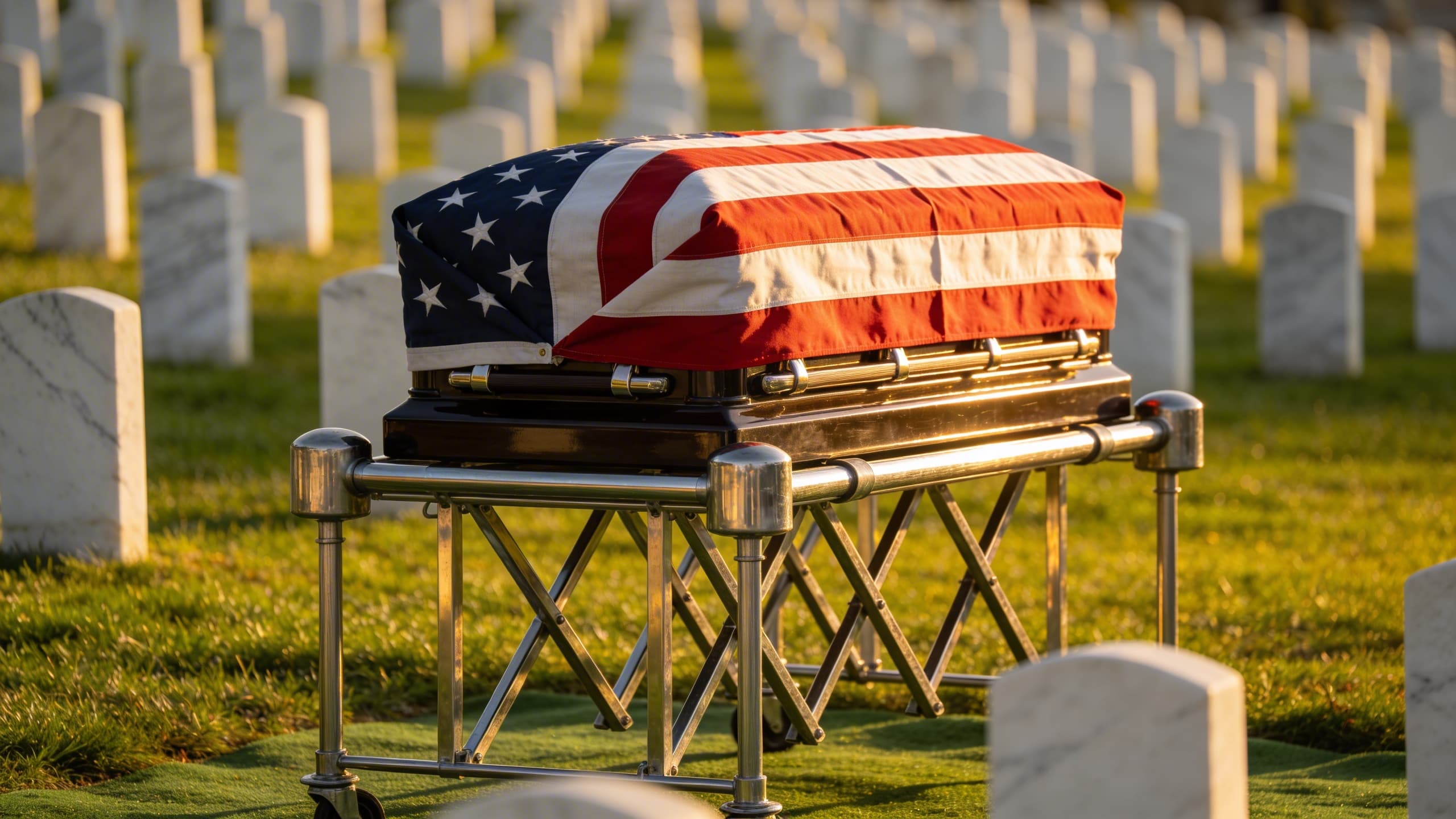 A flag-draped military casket on a lowering device at a national cemetery with a casket team standing at attention