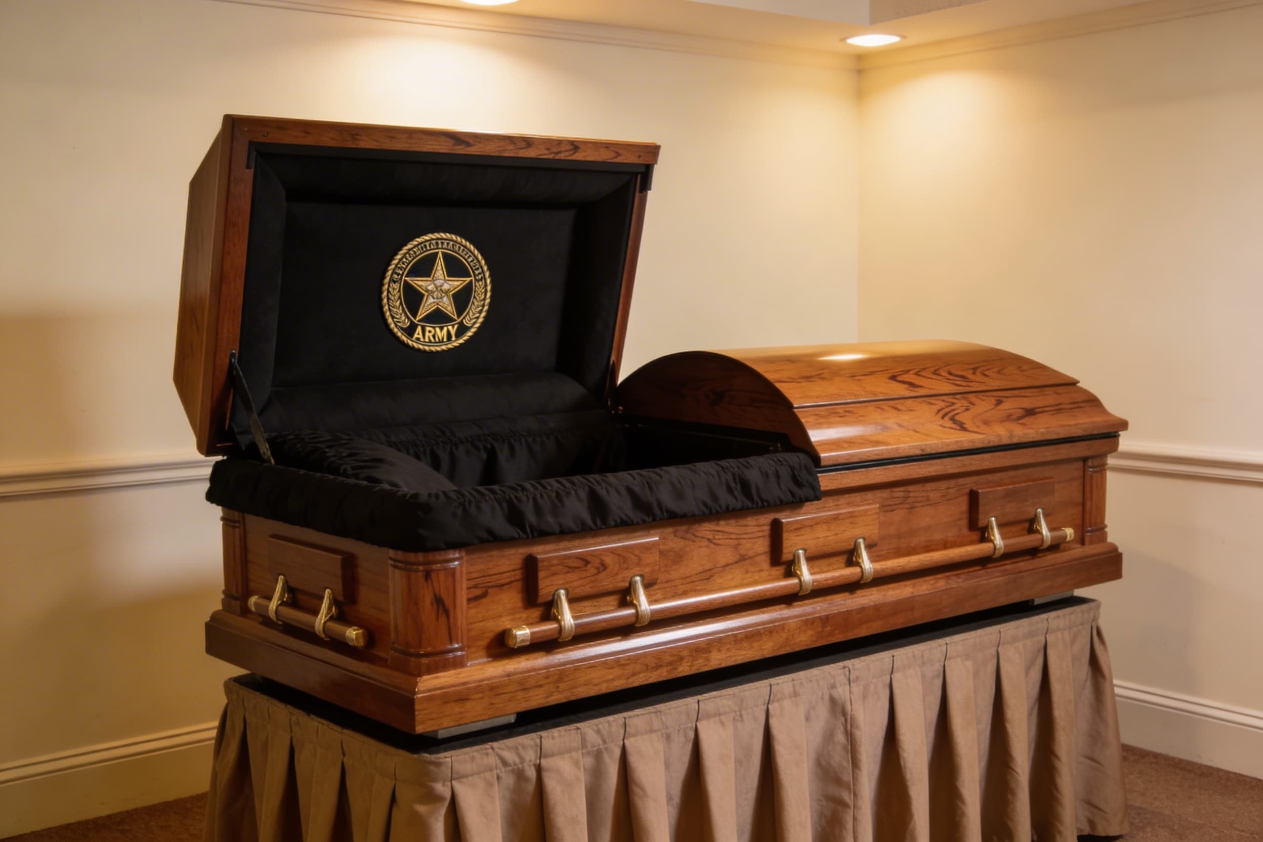 A polished oak military casket with an Army seal emblem on the head panel displayed in a funeral home setting