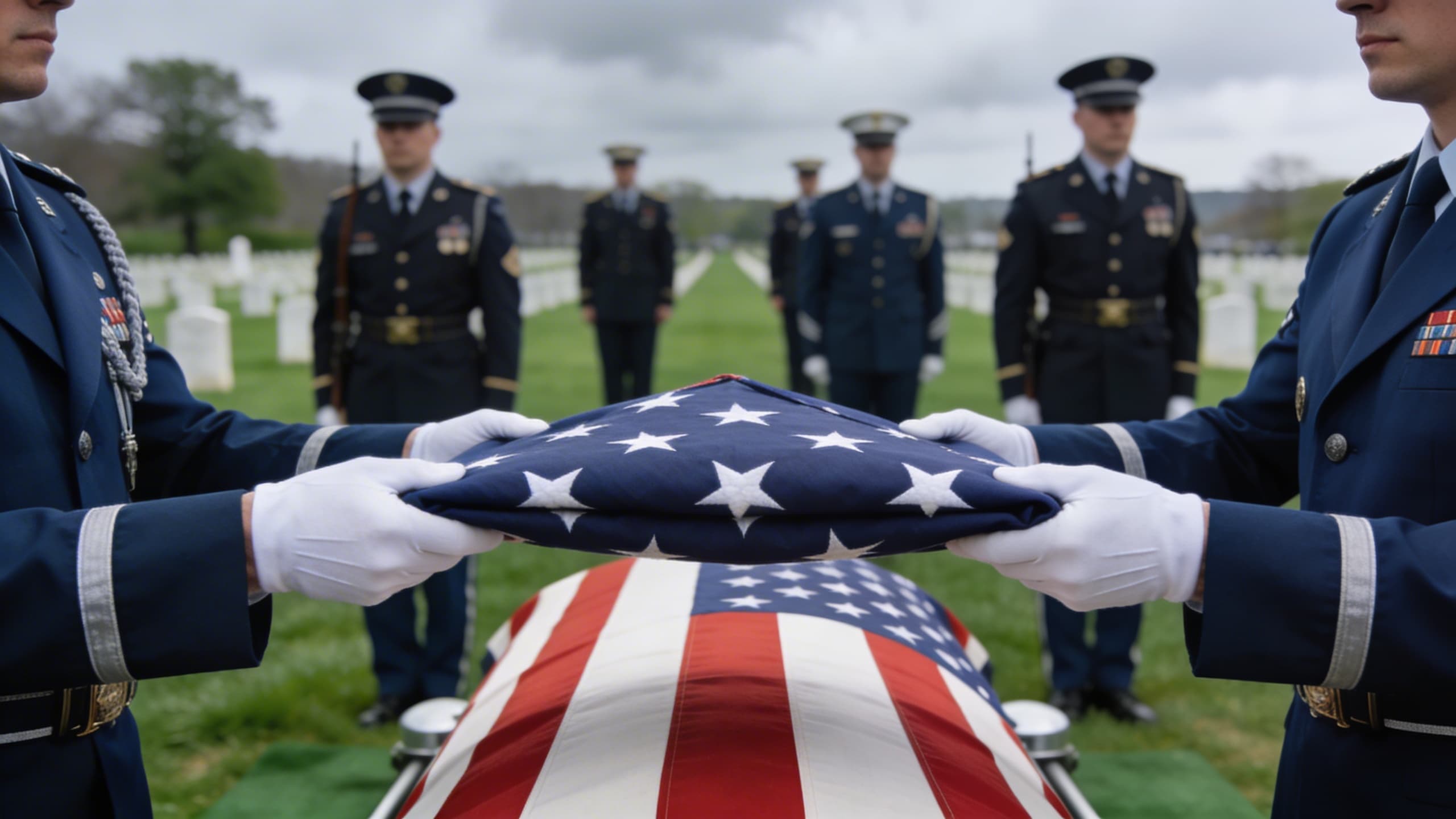 A military honor guard ceremonially folding an American flag over a casket at a graveside service with uniformed service members standing at attention