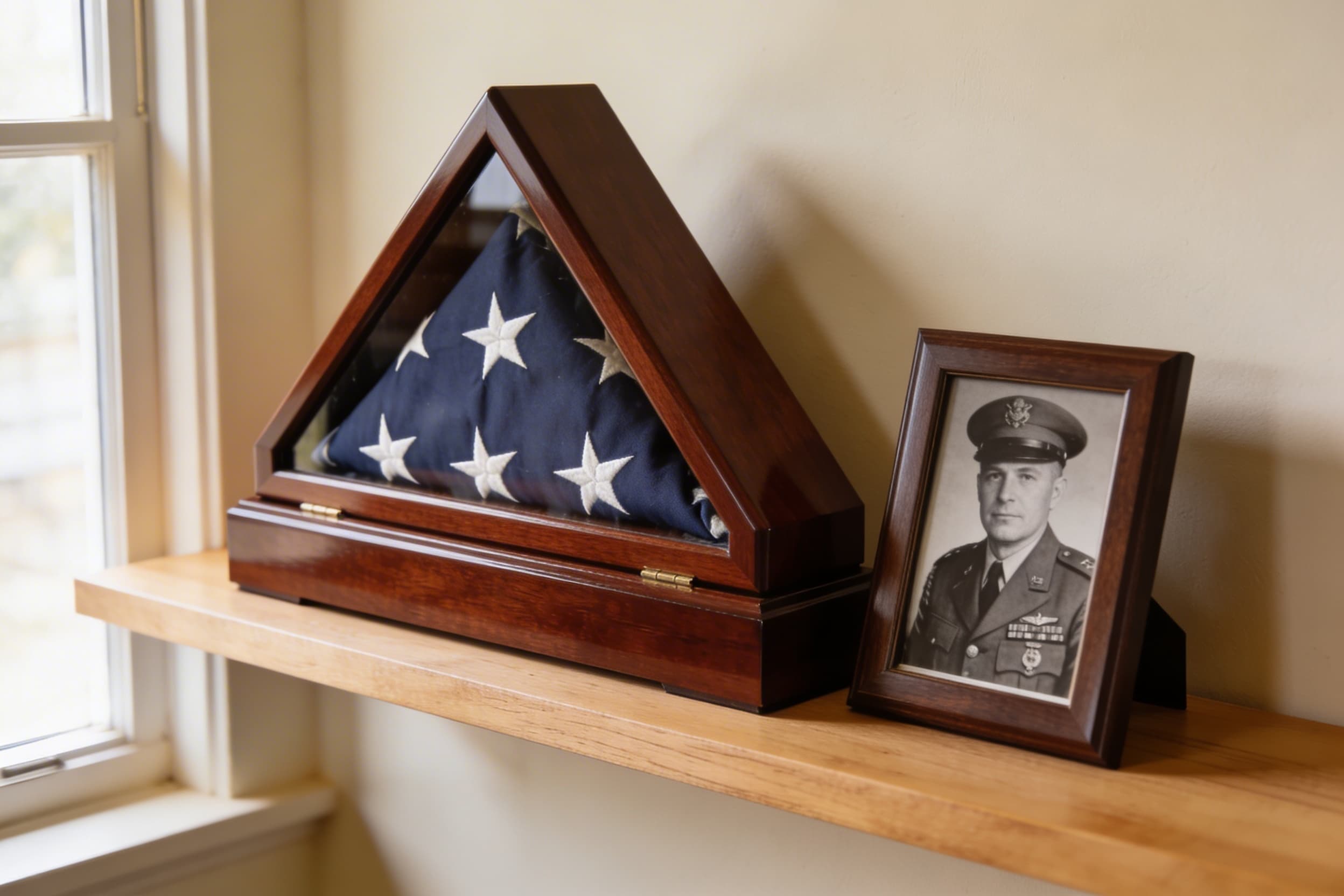 A folded American burial flag displayed in a mahogany flag display case on a shelf beside a framed military portrait
