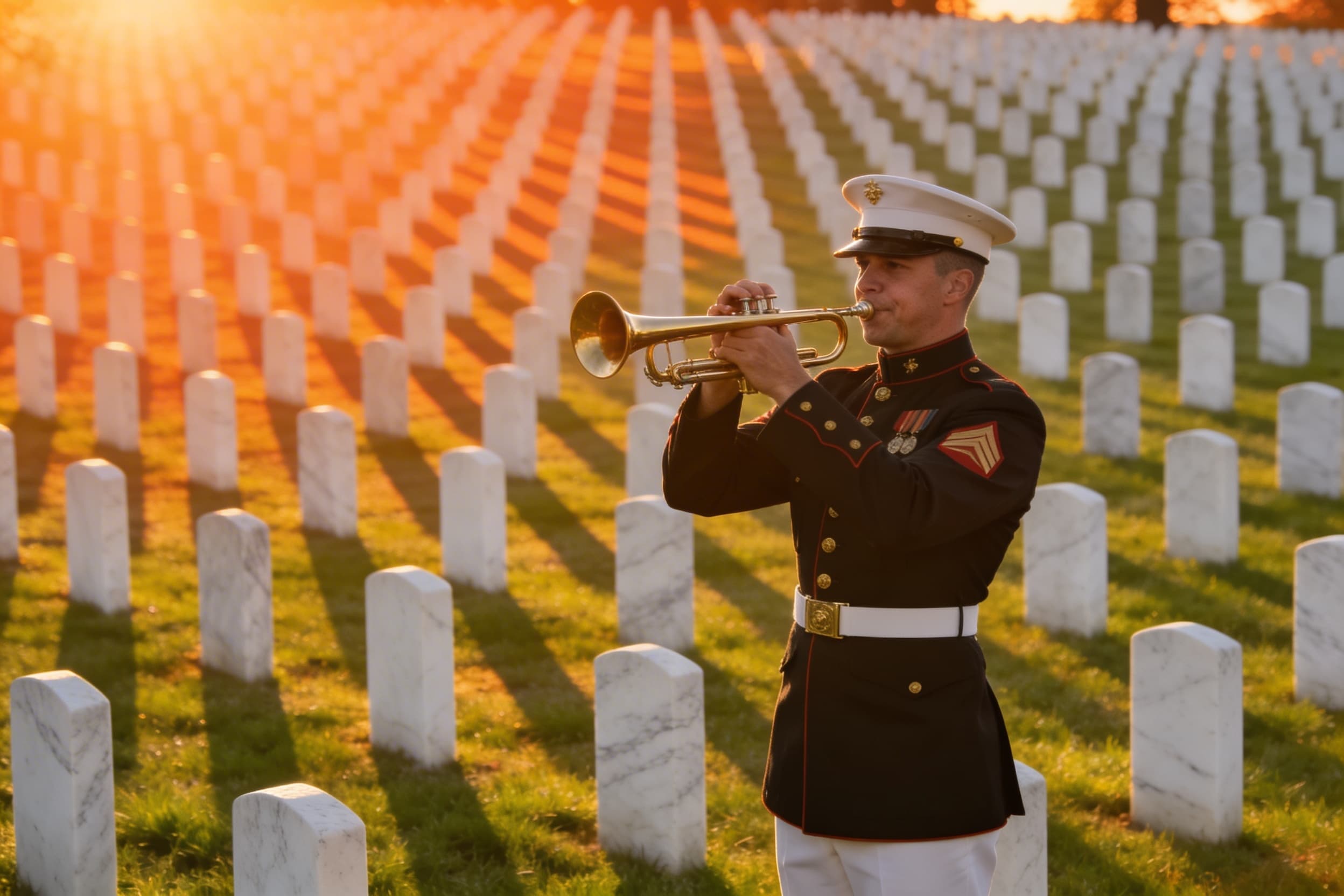 A lone military bugler playing Taps at a national cemetery during sunset with rows of white headstones in the background