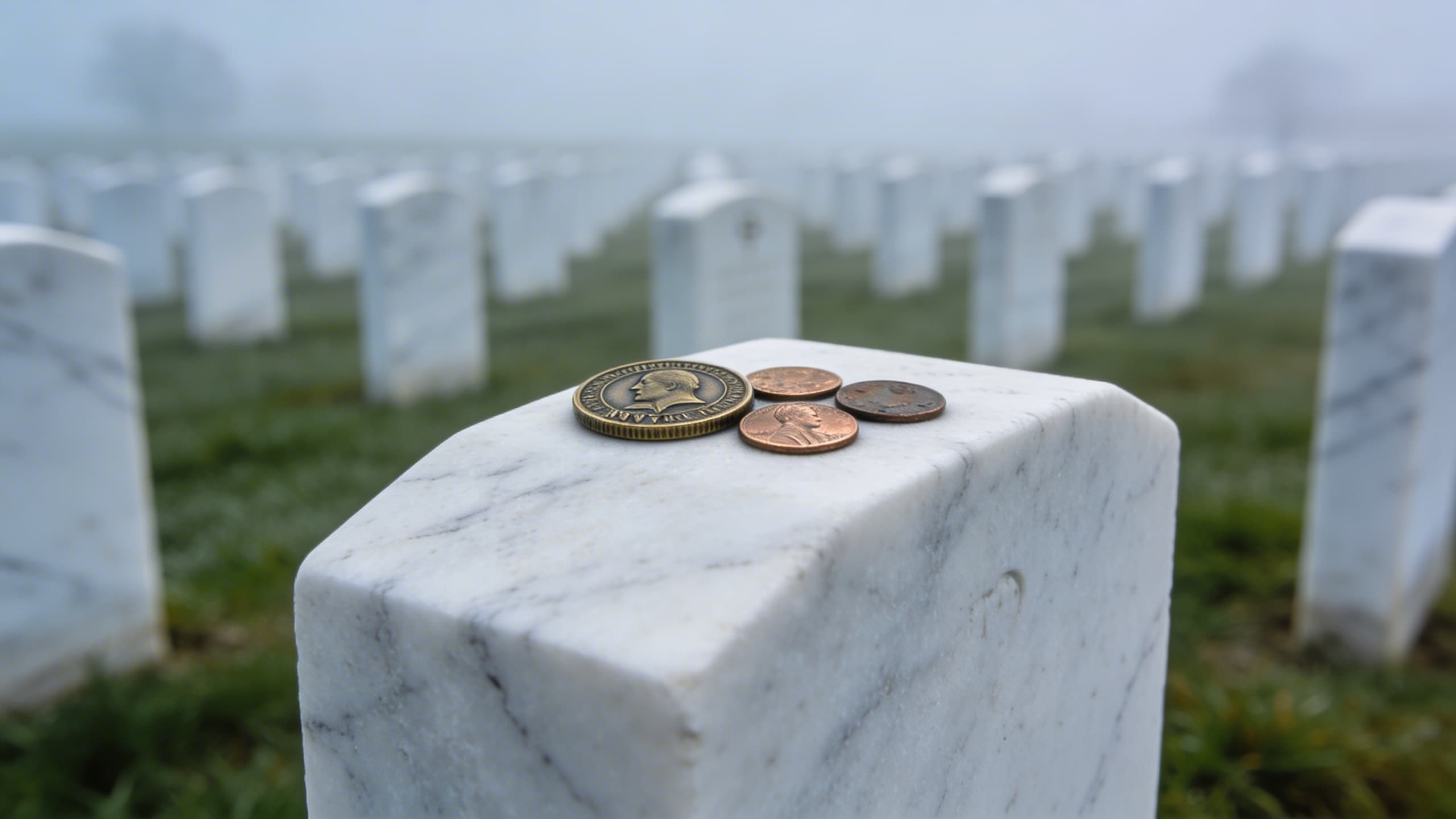 A military challenge coin and several pennies resting on top of a white marble military headstone at a national cemetery with rows of identical markers in the background