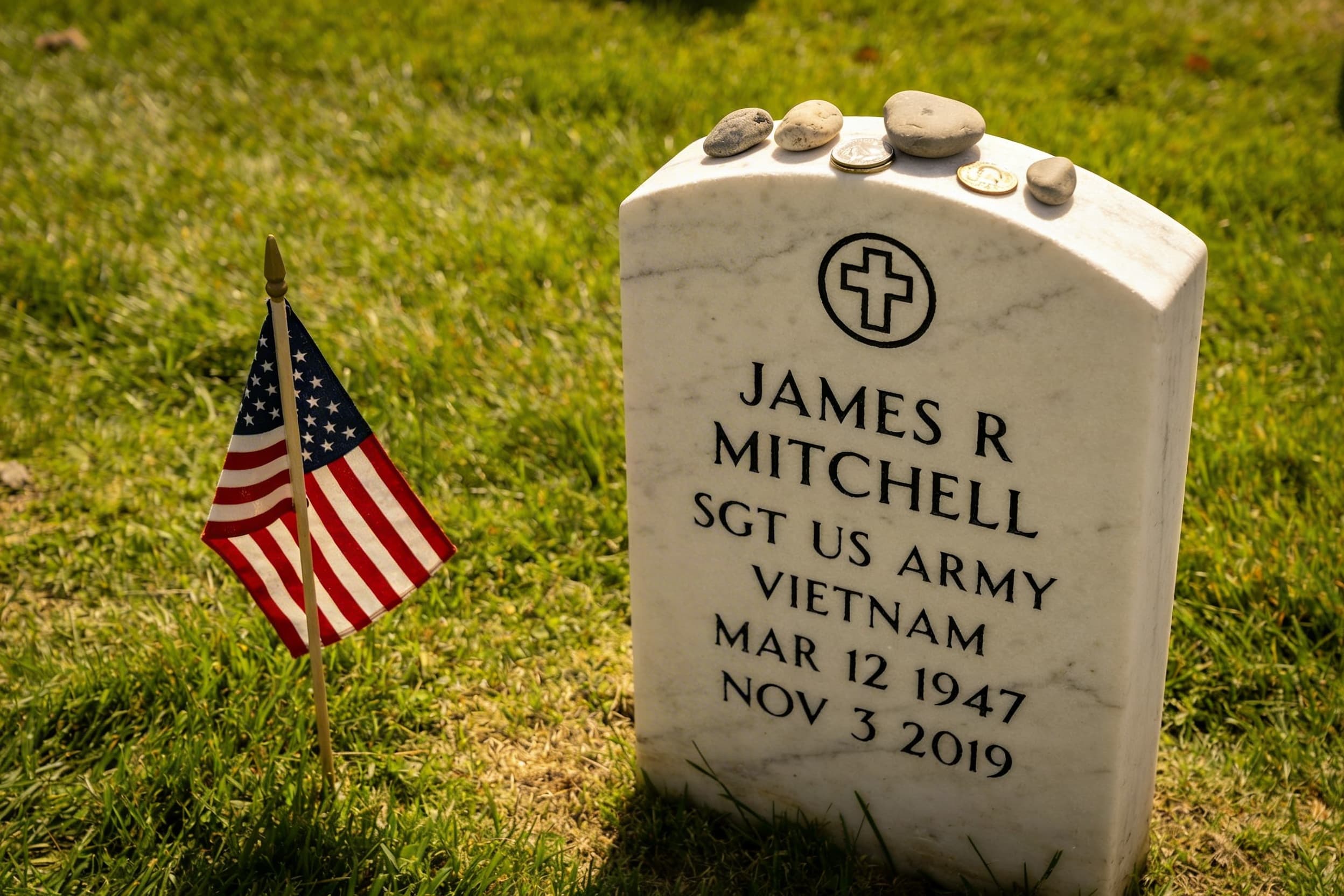 Small smooth stones and coins arranged on the top of a government-issued military headstone with a small American flag nearby