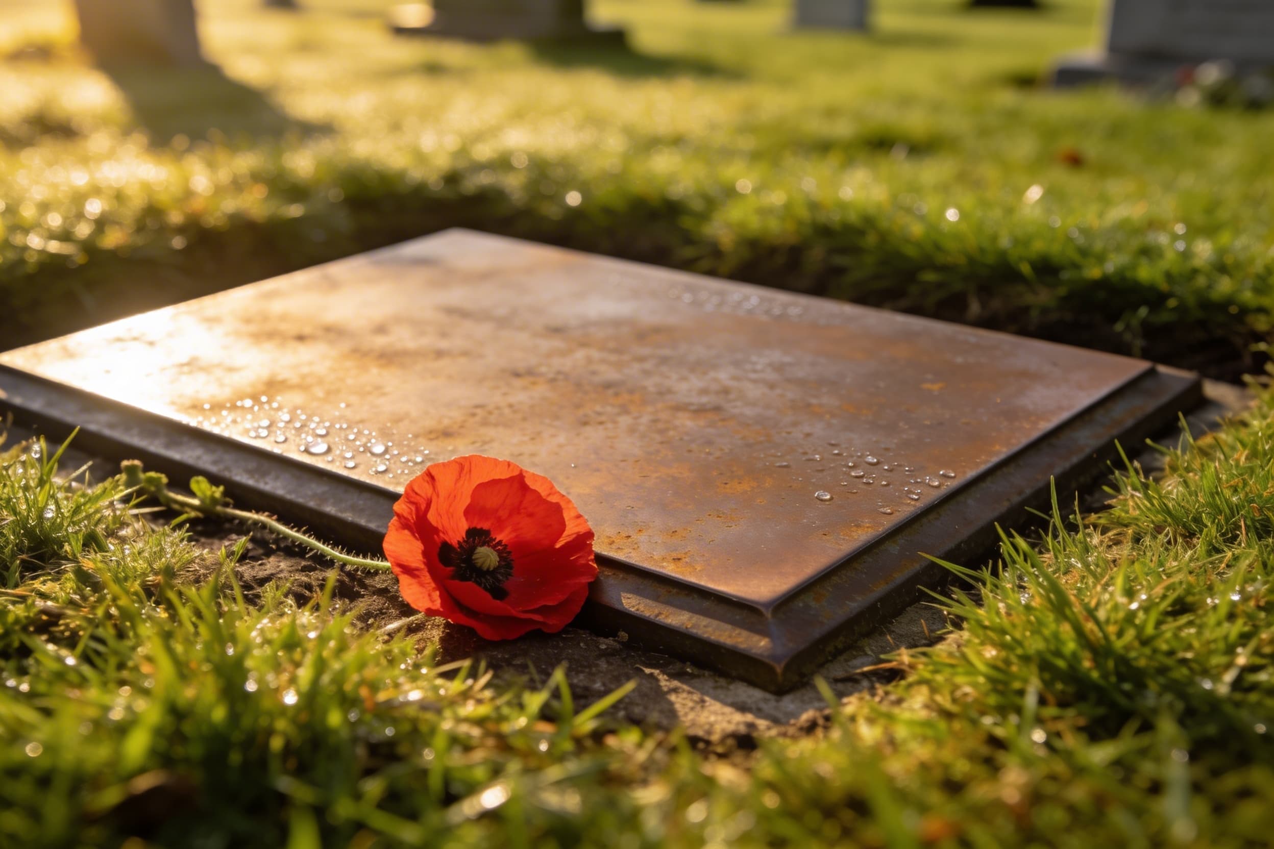 A single red poppy flower placed at the base of a veteran's grave marker on a green cemetery lawn with soft morning light