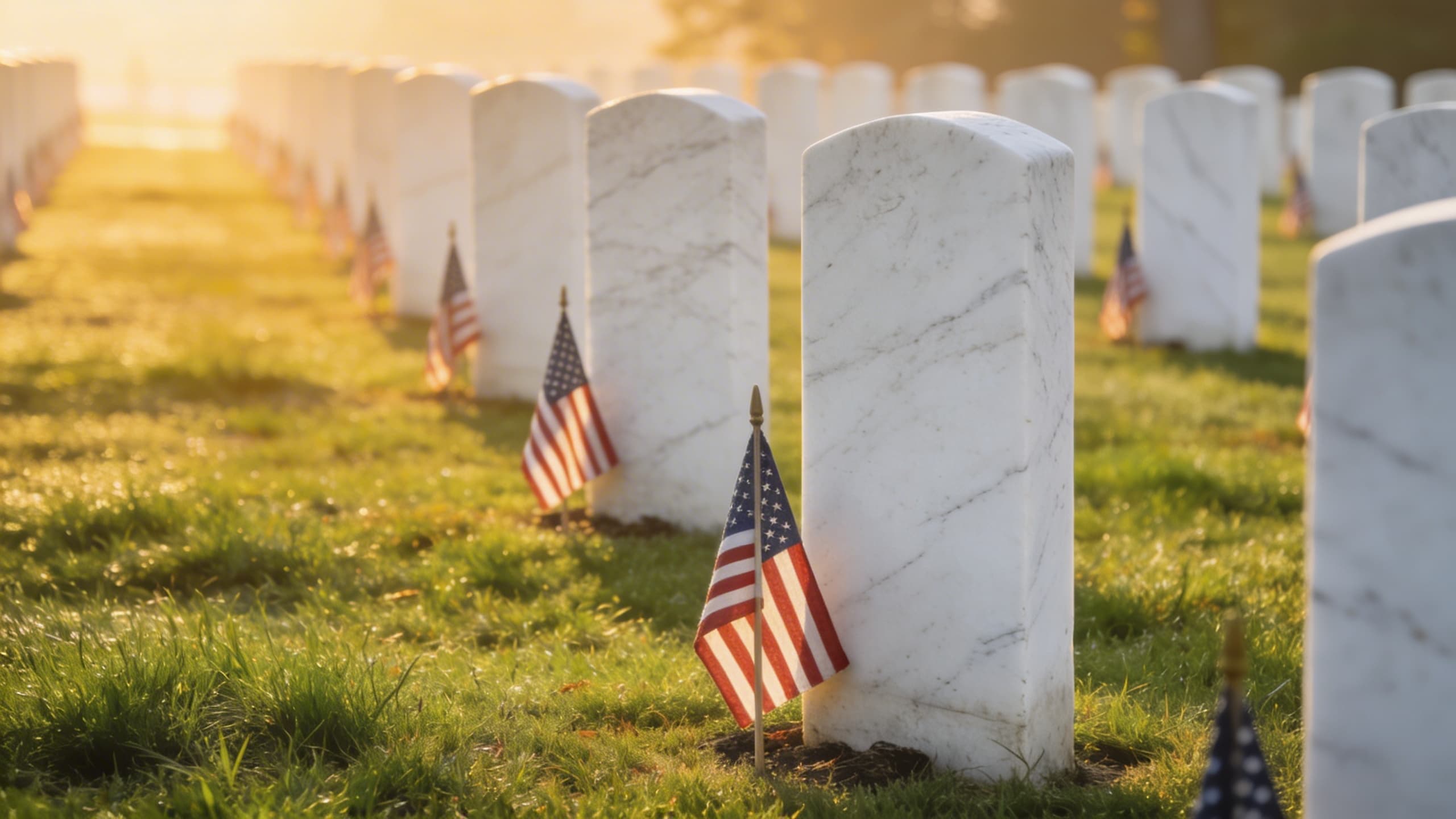 Rows of white marble upright military headstones in a national cemetery with American flags placed at each grave