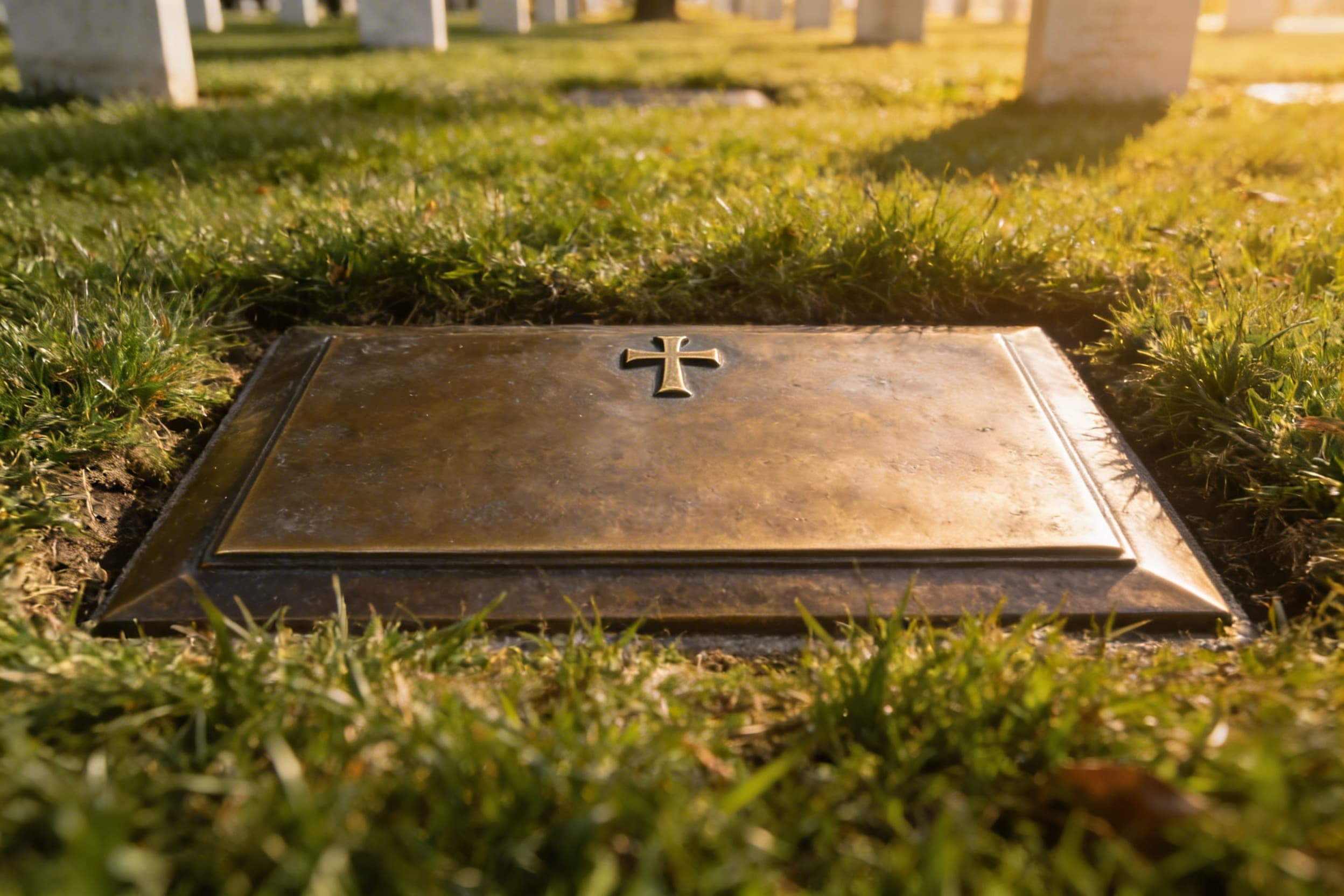 A bronze flat military grave marker with a Latin cross emblem of belief at the top, inscribed with a veteran's name, rank, and service dates