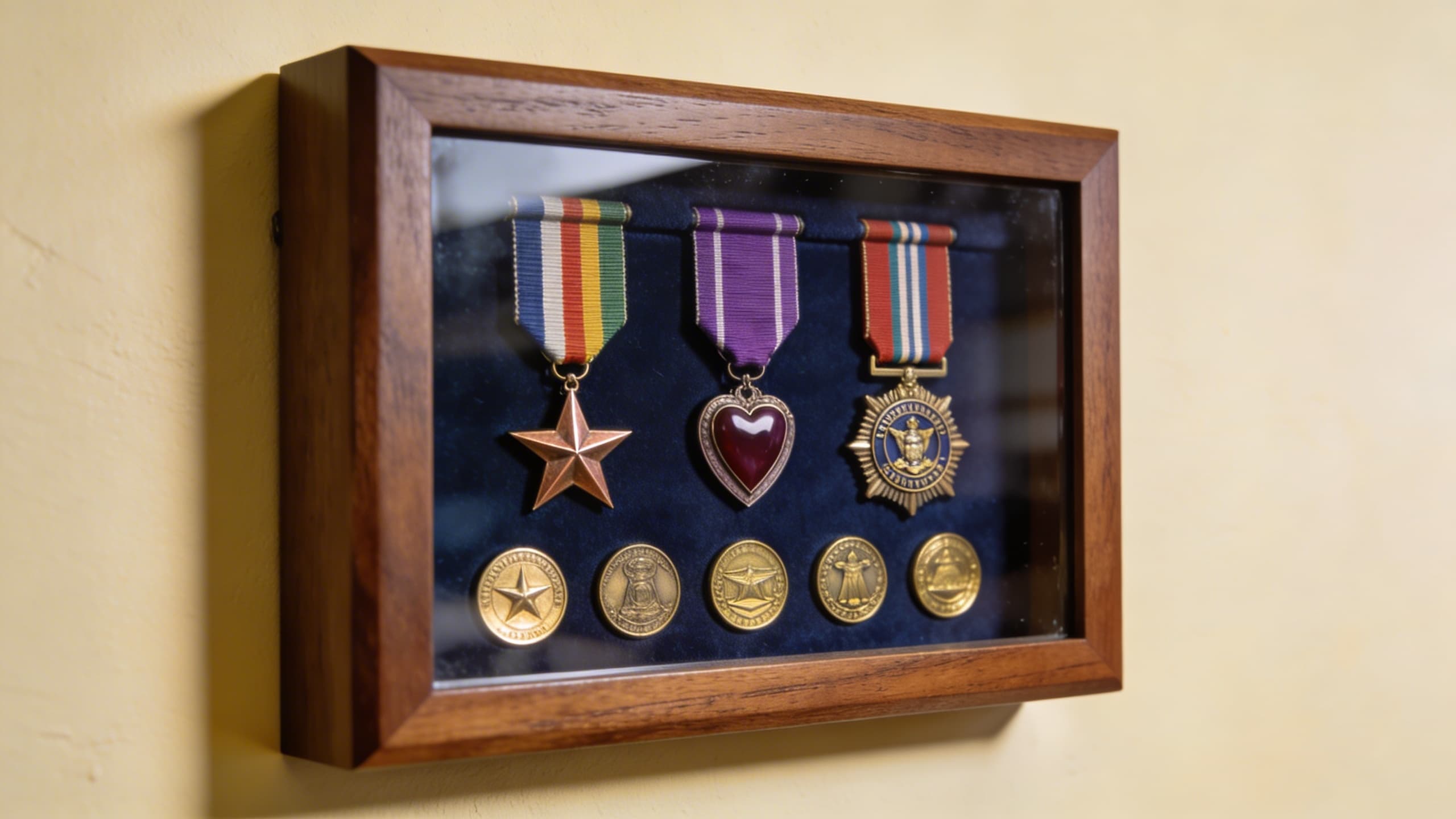 A military shadow box displaying medals, service ribbons, unit patches, and challenge coins arranged on navy blue velvet backing behind glass