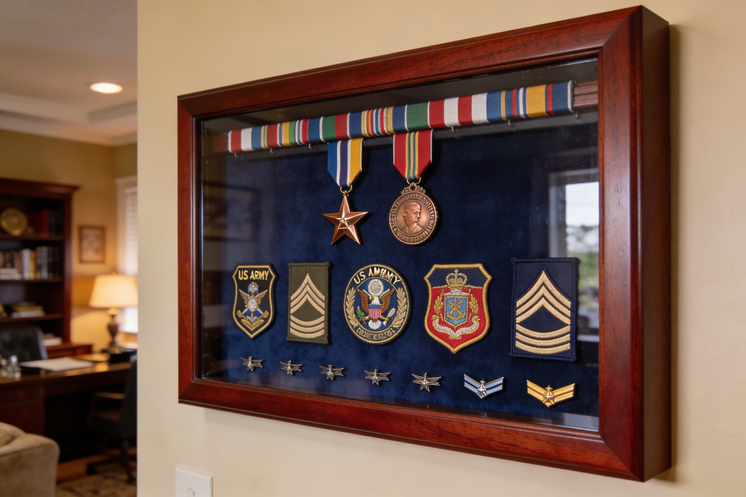 A large walnut retirement shadow box showing career progression from private to colonel, with medals, patches, and rank insignia arranged chronologically
