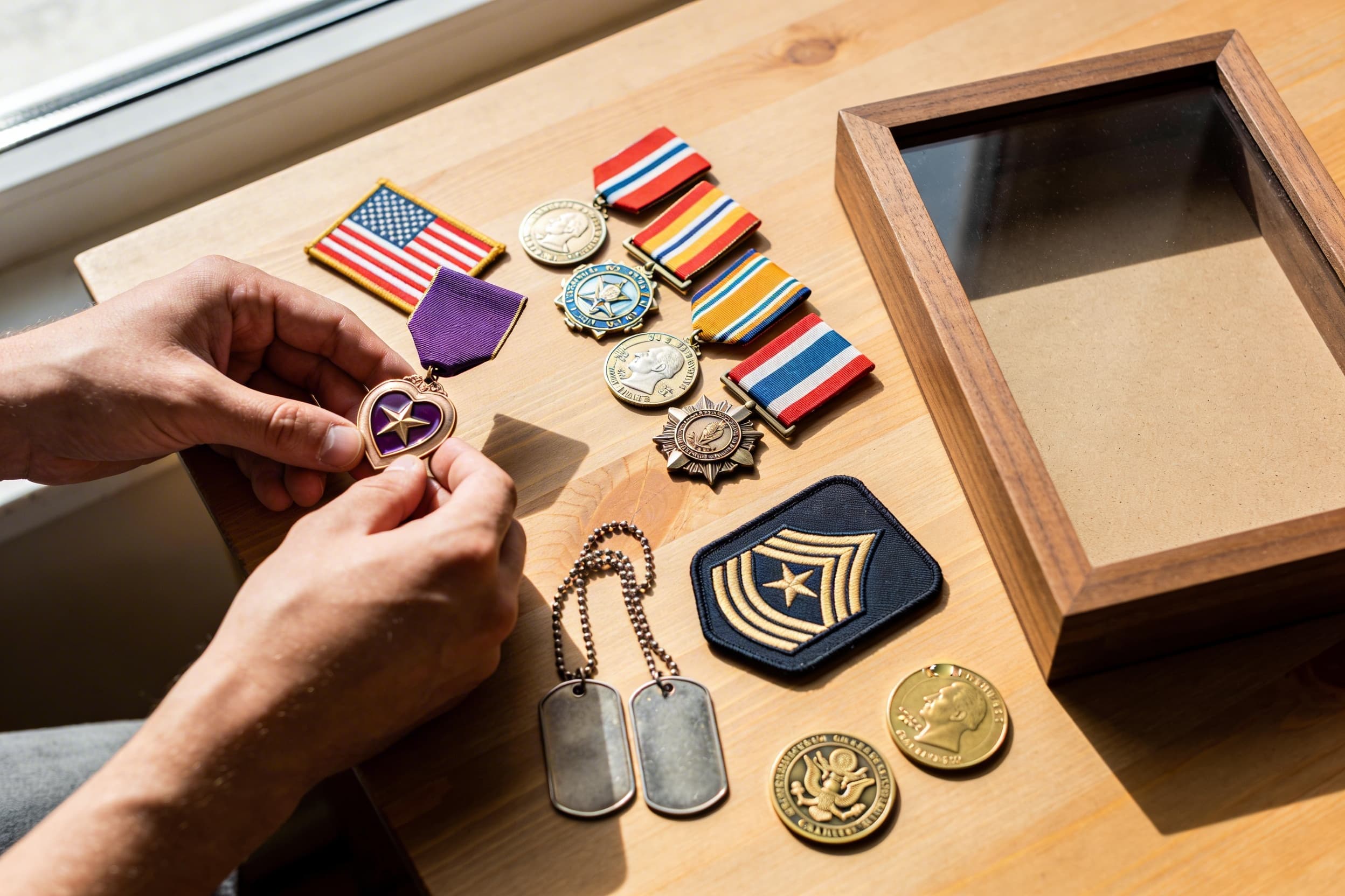 Medals, ribbons, patches, and challenge coins arranged on a table next to an open shadow box frame during layout planning