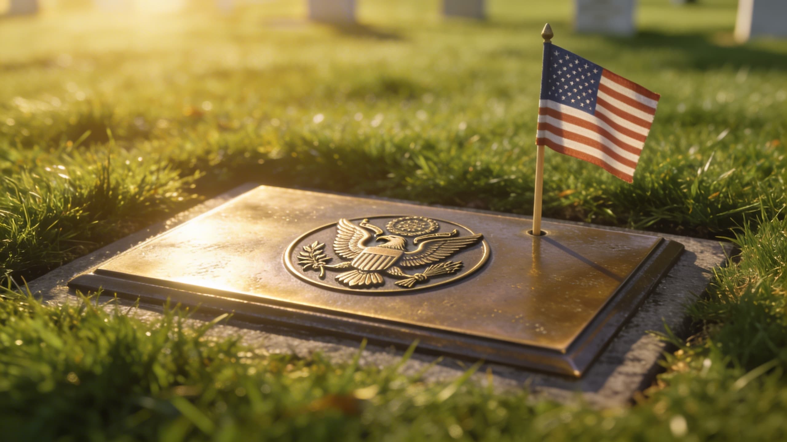 A polished bronze veteran grave marker with military emblems set into a green cemetery lawn on a clear morning