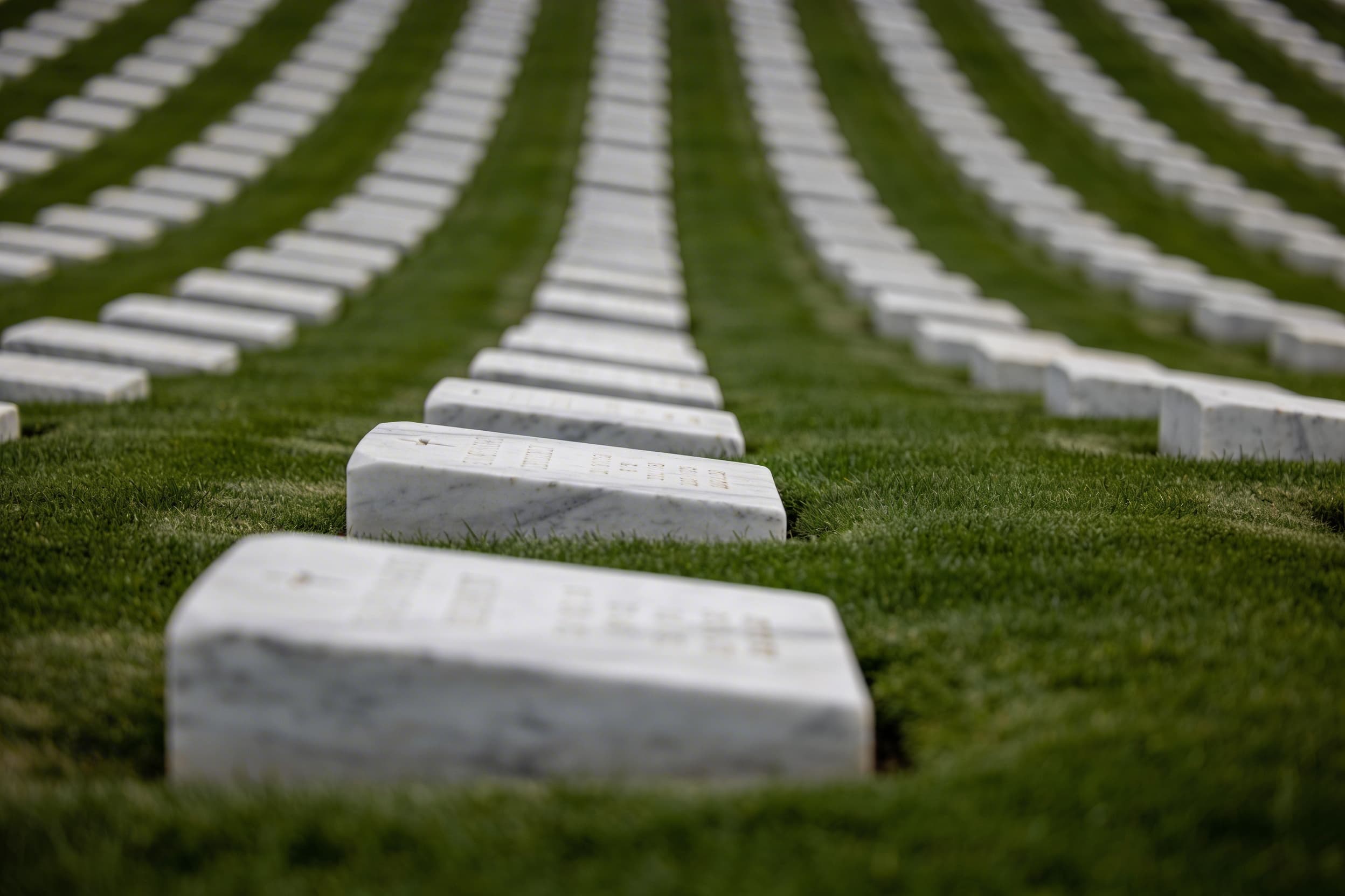 A government-furnished flat granite grave marker aligned in a row at a national veterans cemetery with an American flag nearby