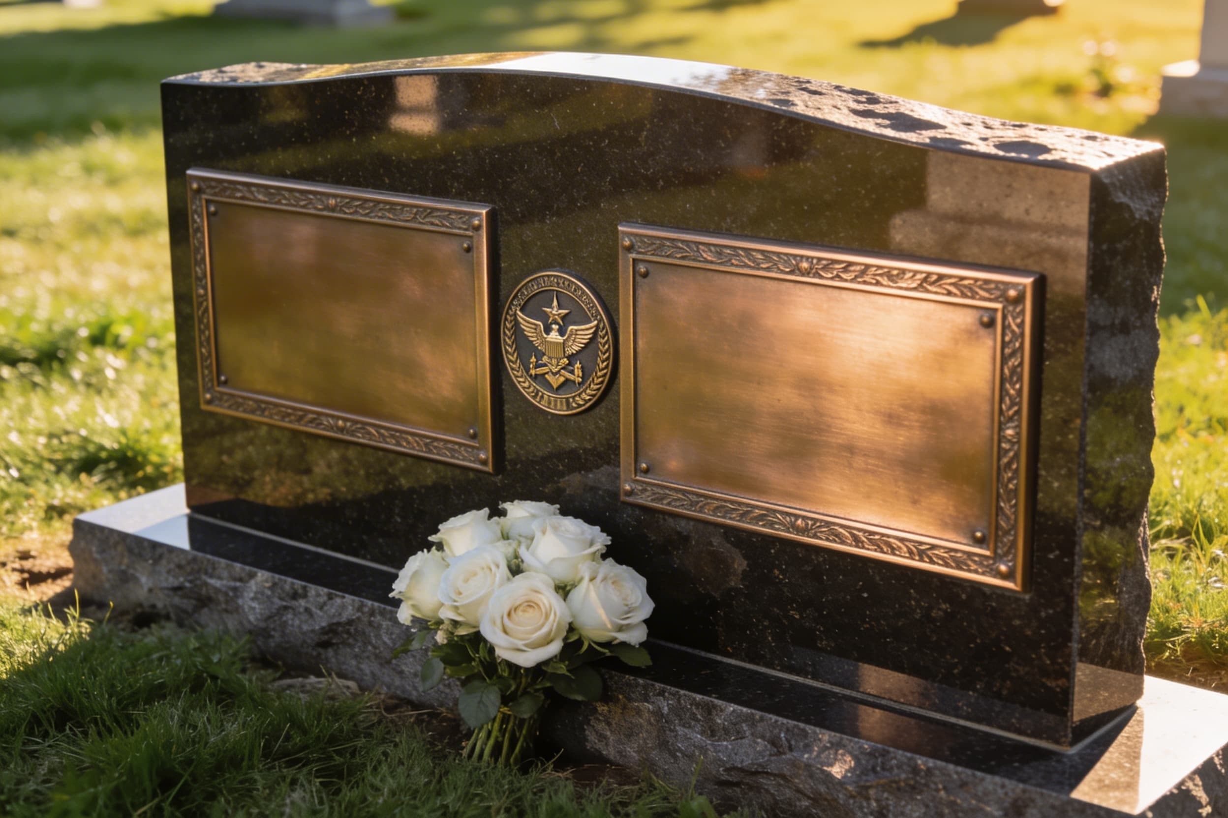 A bronze companion grave marker honoring a veteran and spouse side by side on a granite base in a private cemetery
